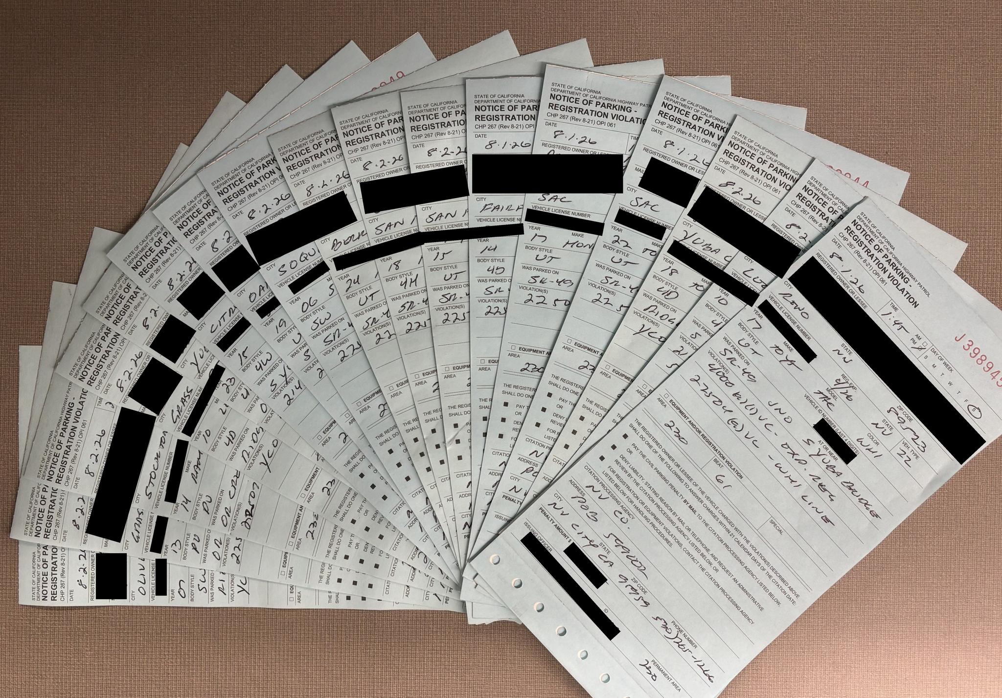 Citations issued over the weekend by Highway Patrol officers for parking violations. Photo: CHP – Grass Valley.