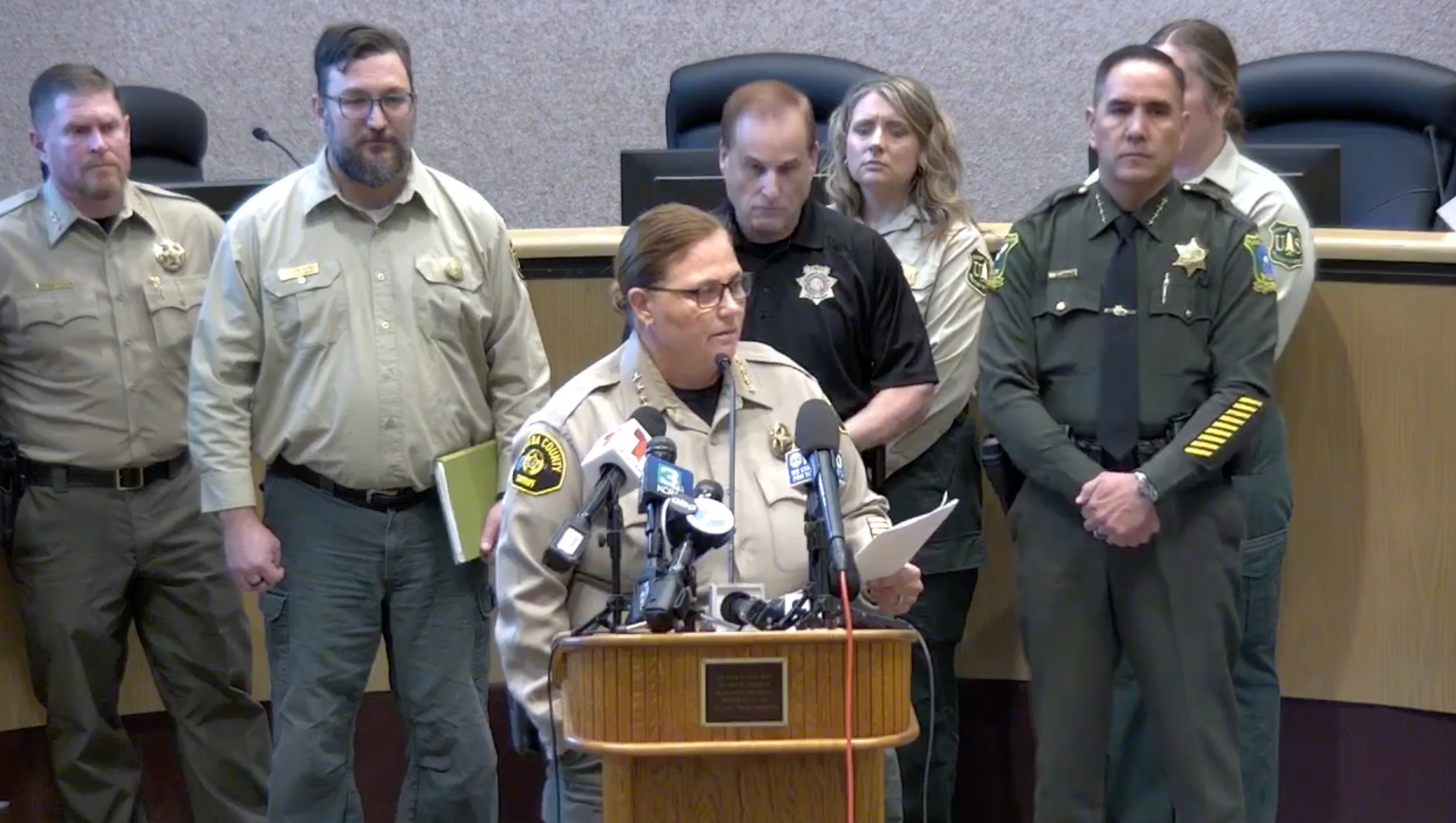 Nevada County Sheriff Shannan Moon gives updates on rescue and recovery efforts during a press conference on February 18.
