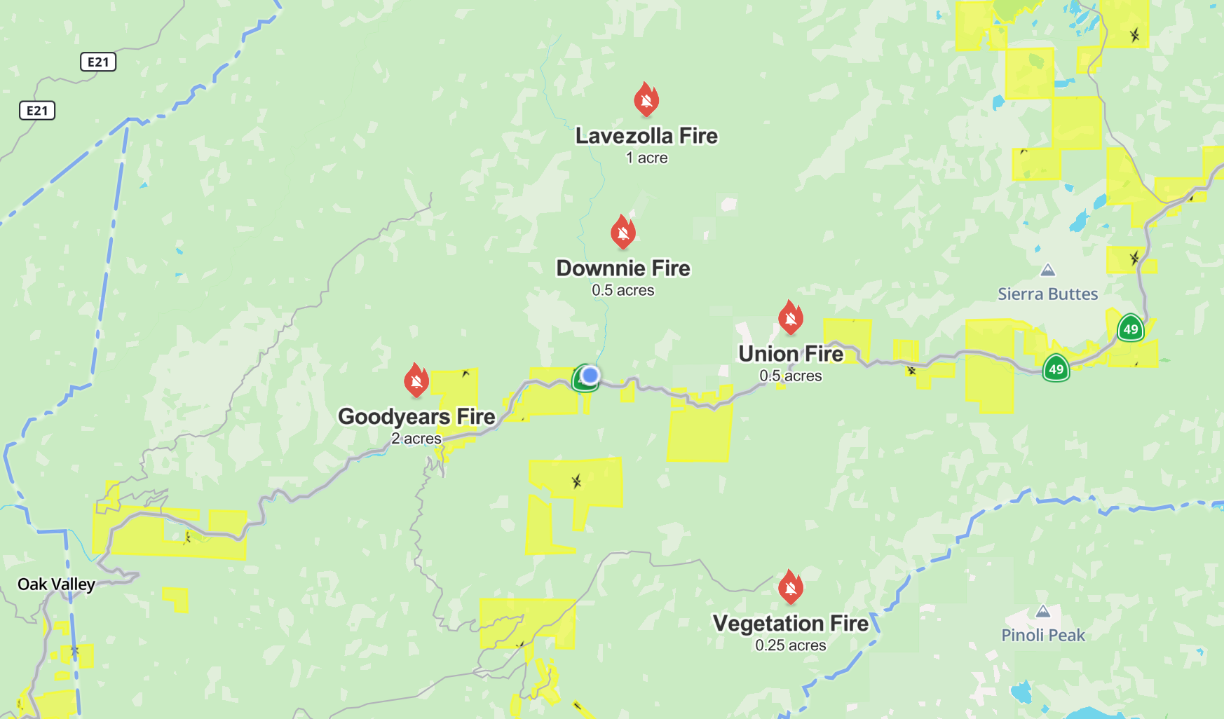 Watch Duty’s Incident Map as of 9:30 AM on Wednesday morning. The central blue dot represents Downieville.
