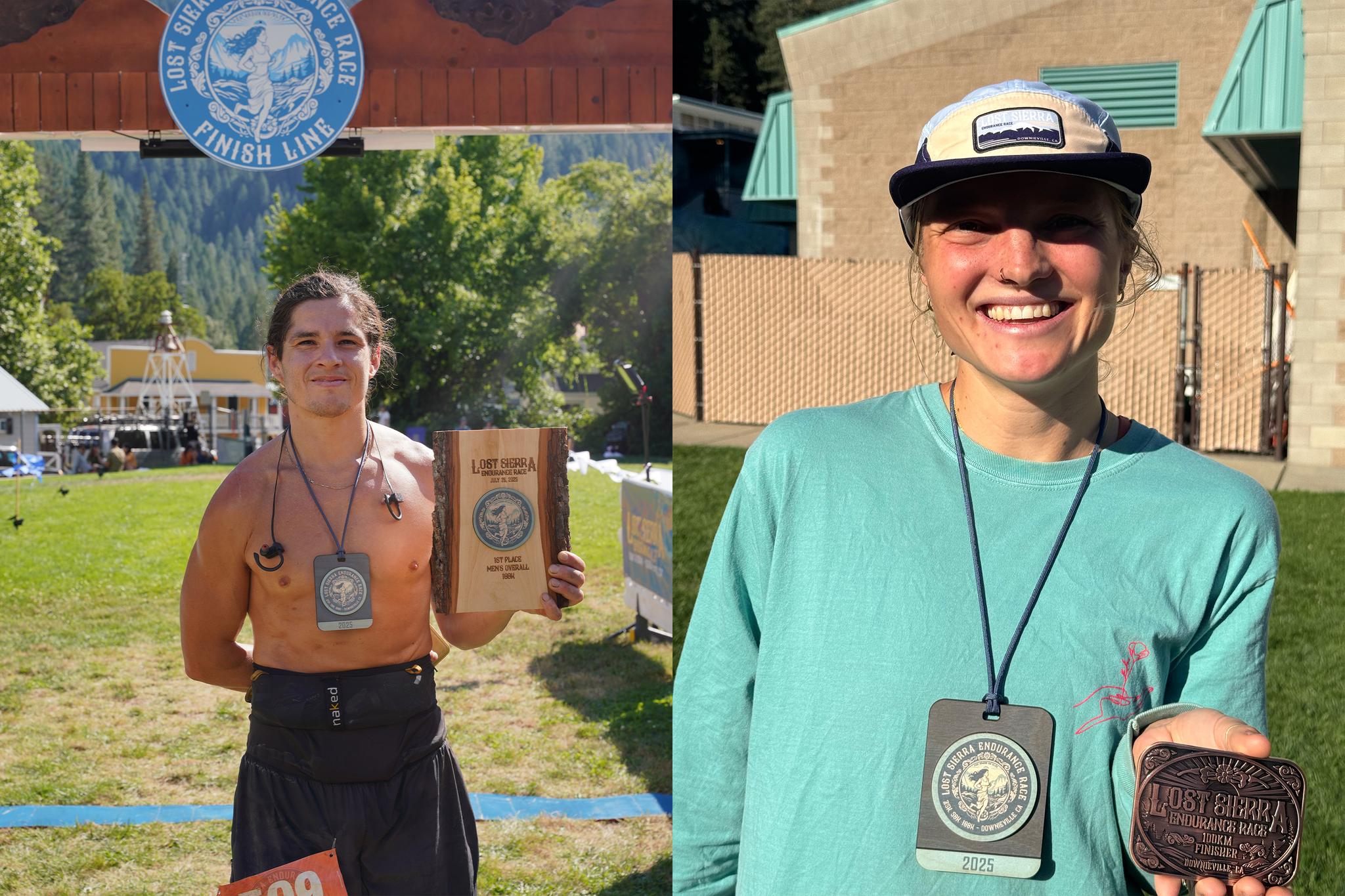 100K race male winner Kellen Scott and female winner Meghan Cihasky at the finish line in Downieville.