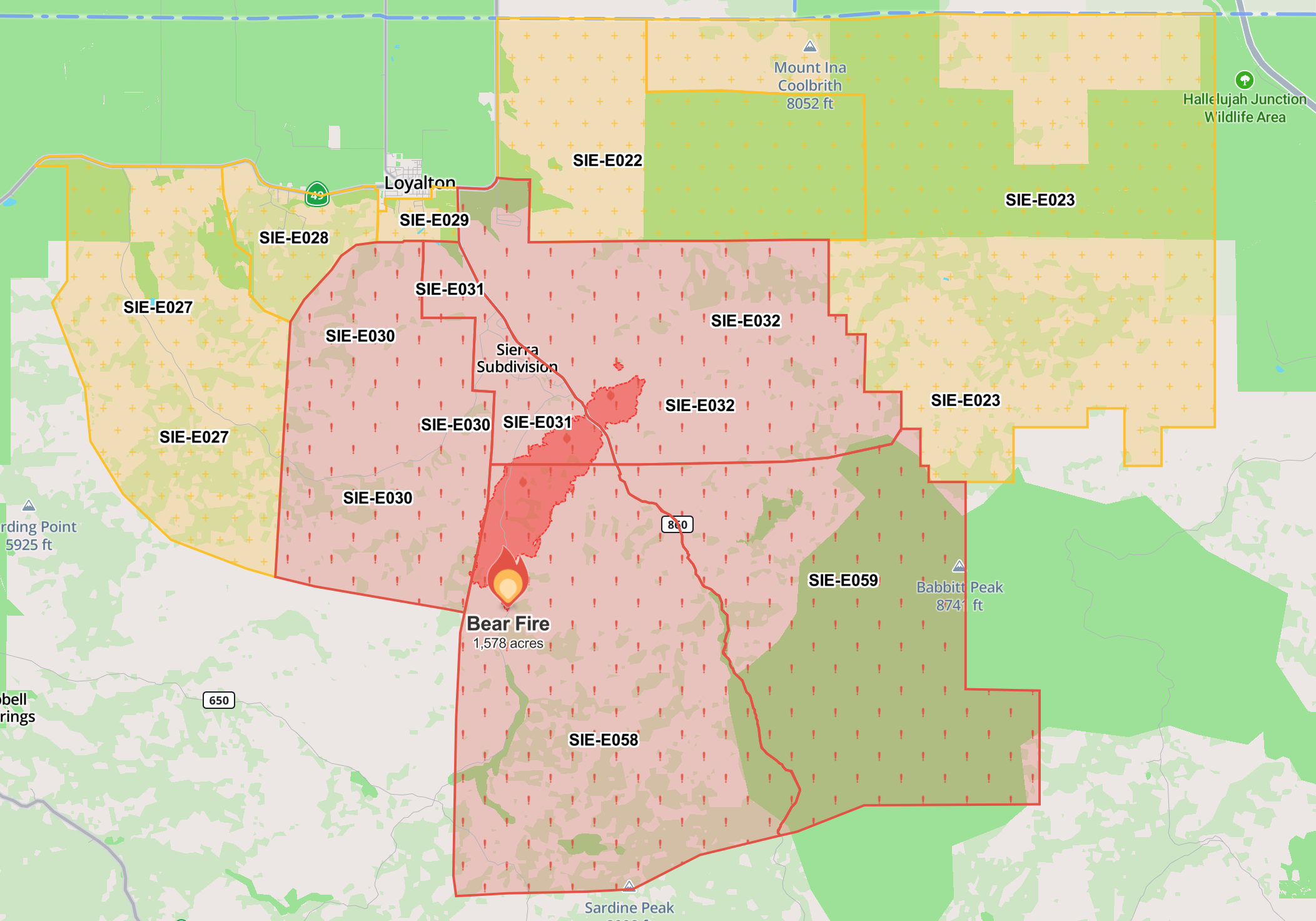 Bear Fire spread and evacuation zones as of Tuesday, 4:44 PM. Image from Watch Duty incident map.