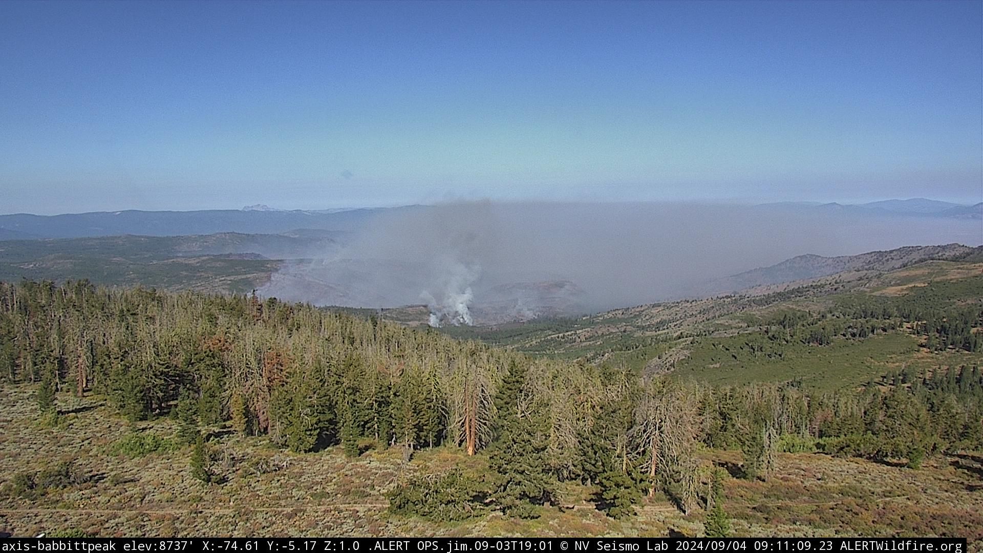 View of the Bear Fire from Babbitt Peak on Wednesday, September 4th, at 9:11 AM. Image from ALERTCalifornia.