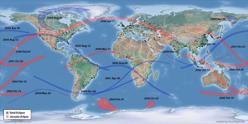 This map traces out the total solar eclipses and annular eclipses from 2041 to 2050.