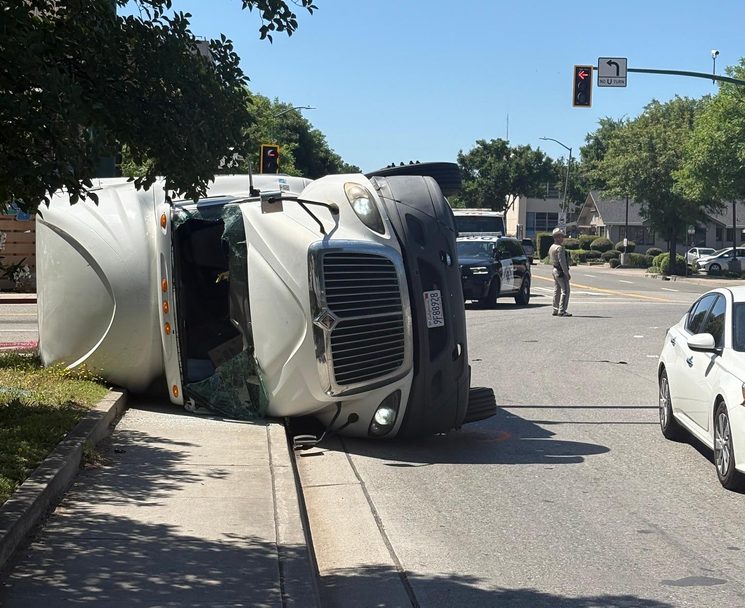A photo of the overturned truck shared by Caltrans District 3.
