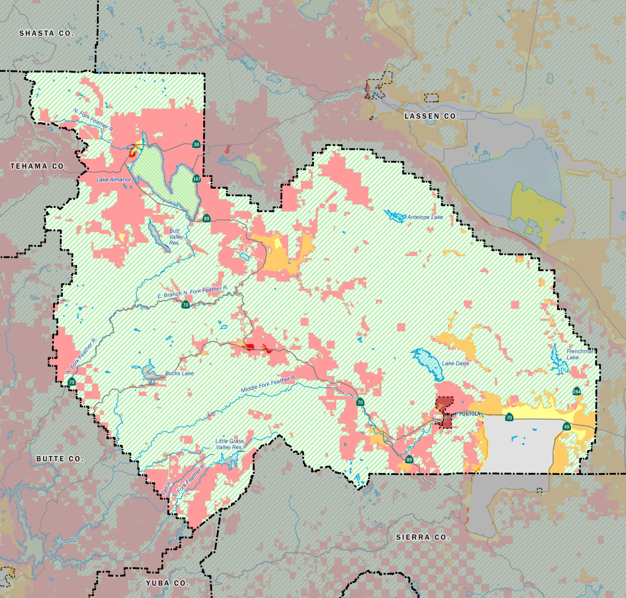 Plumas County’s fire hazard severity map. Areas in red are designated as very high fire risk.