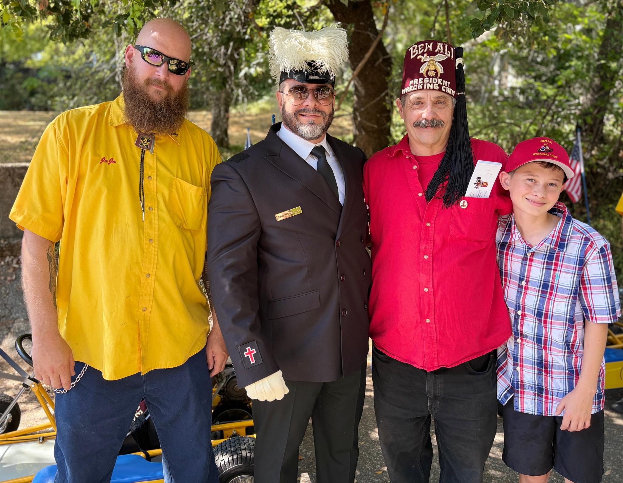 From left to right: Joseph Ocegueda, Ben Ali Shriner; S. Moncalieri, Sacramento #2 Commandery Knights Templar; Dale Jordan Sr., Ben Ali Shrine Wrecking Crew President; and Sacramento Shriners Kid, Roman X. Moncalieri. Photo courtesy of Shanna Hostetter.