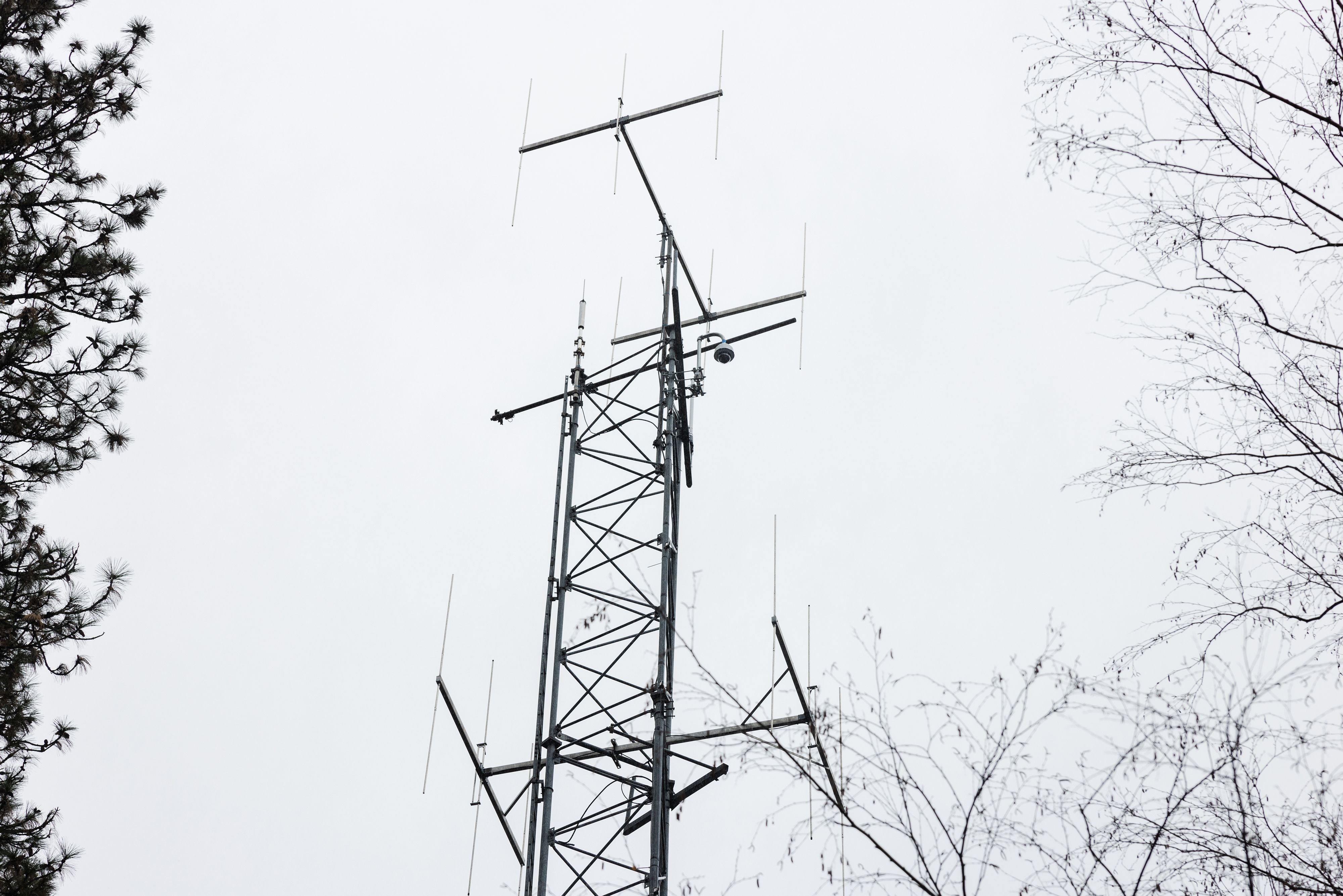 The new camera perches atop the communications tower directly above the Downieville Courthouse.