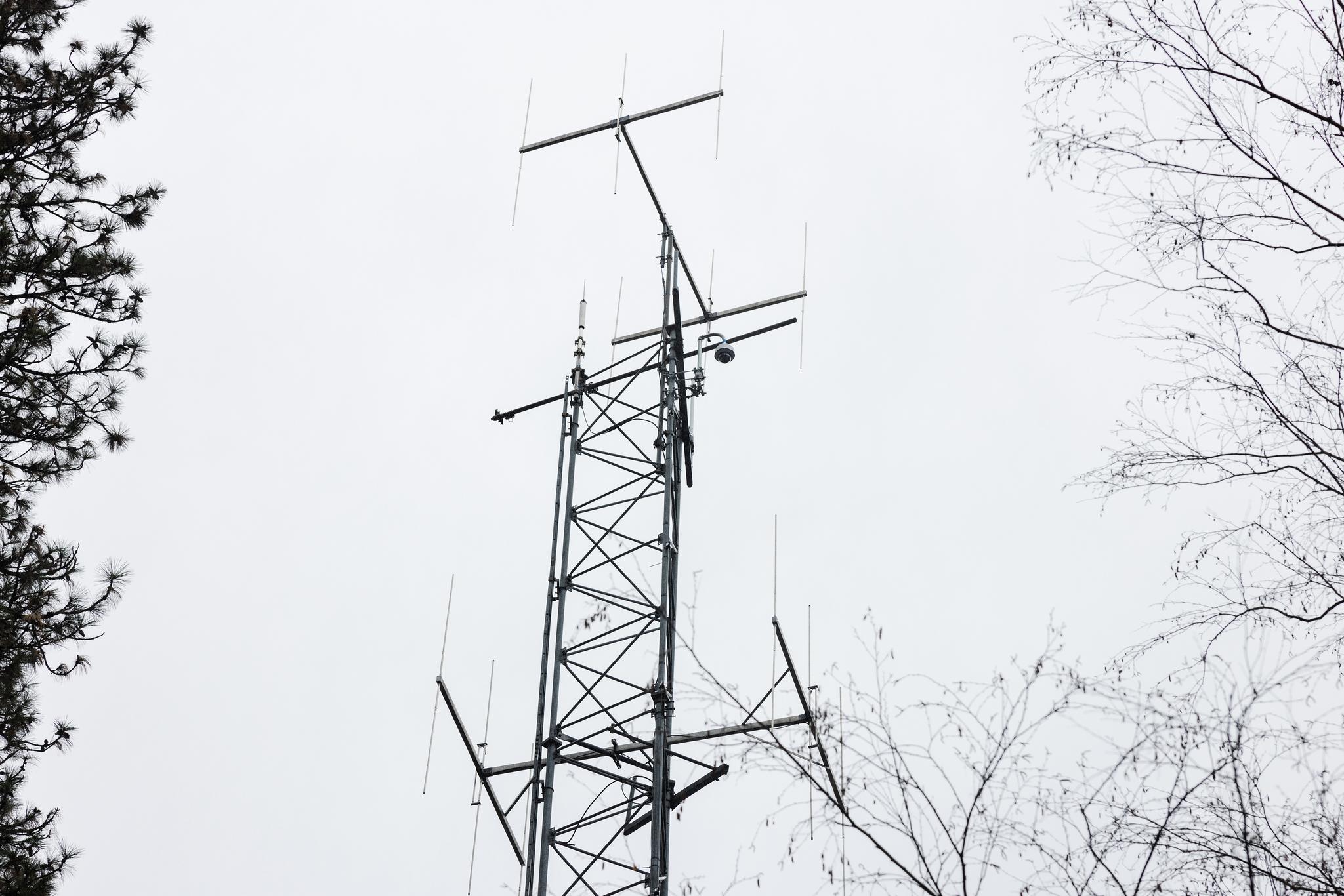 The new camera perches atop the communications tower directly above the Downieville Courthouse.