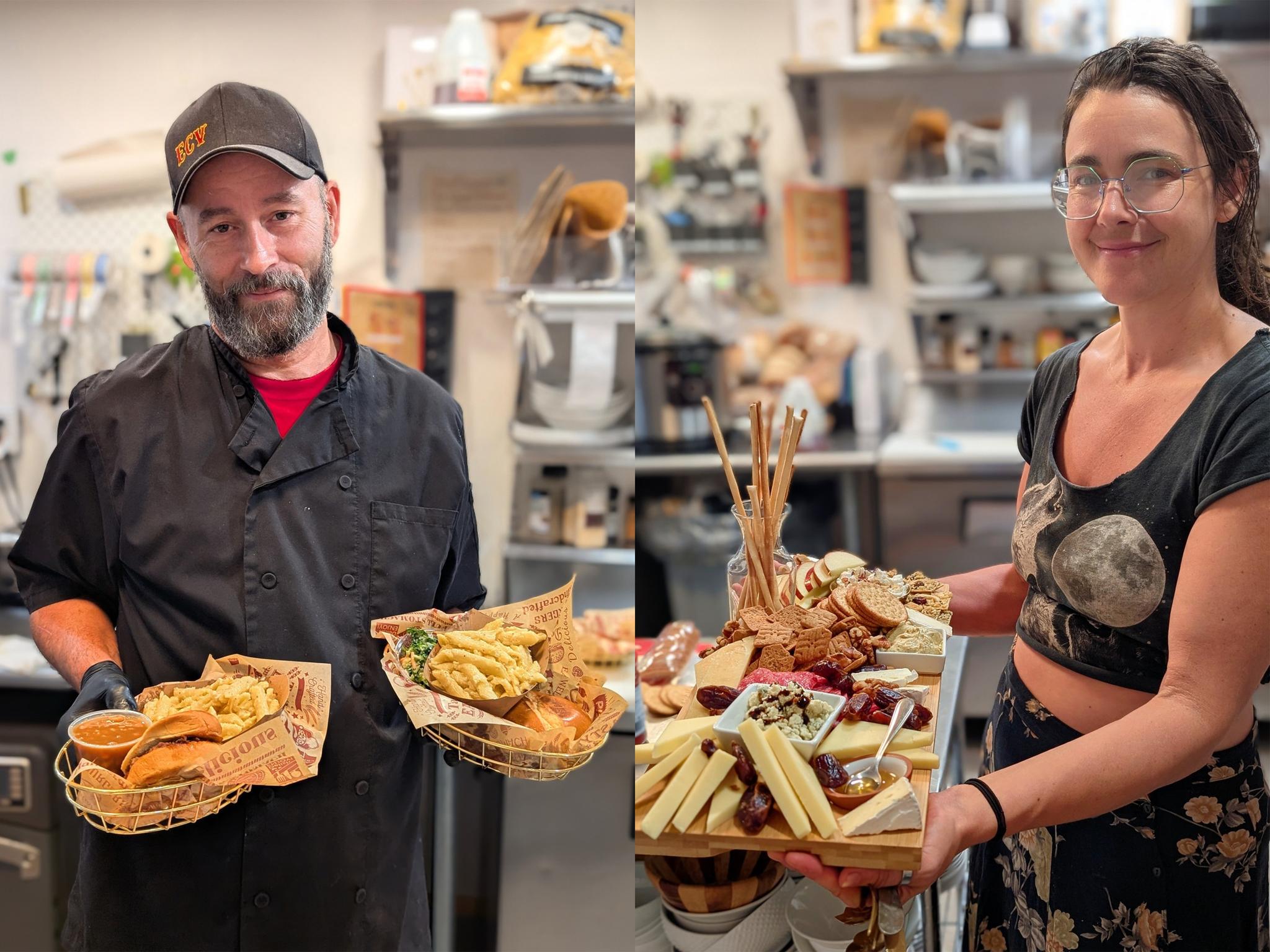Chef Joshua Donovan (left) and Chef Therese Hopfinger (right) serve sandwiches and a charcuterie board. Photos courtesy of Boomtown Backyard & Lounge.