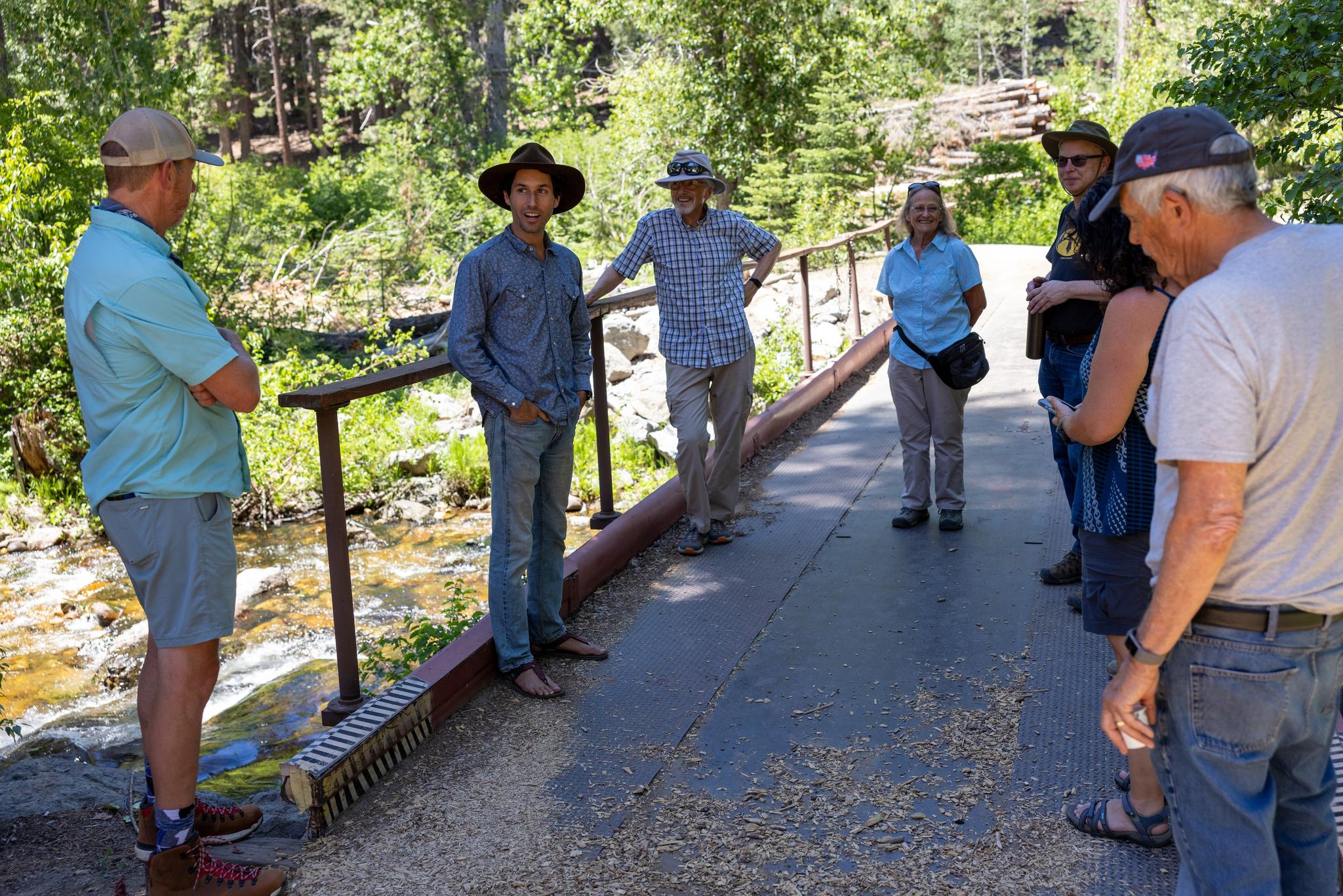 Sierra Nevada Field Campus Director Darrow Feldstein led a tour of the grounds. This bridge, built from a rail car, marks the entrance to the camp.