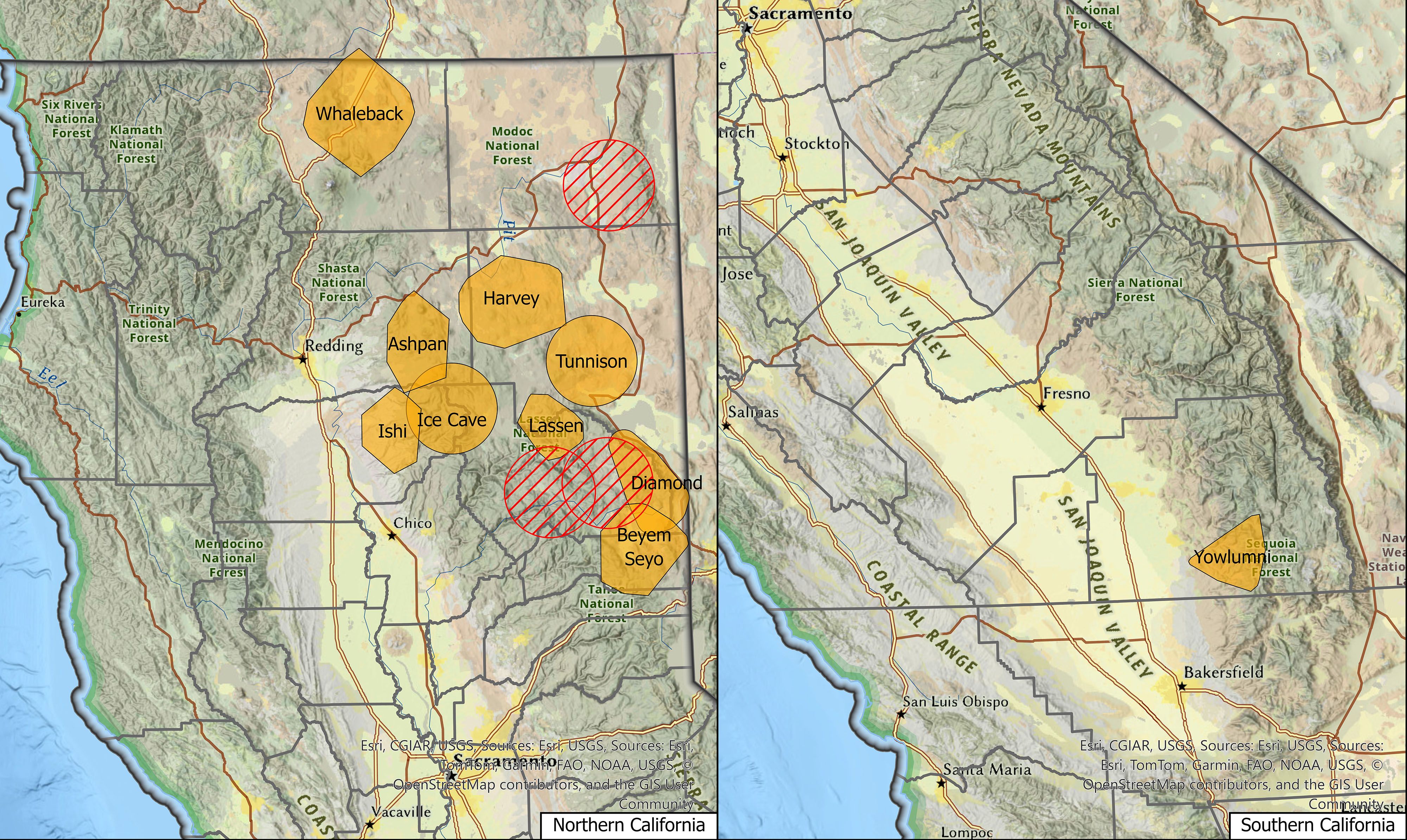 CDFW released an updated map of gray wolf pack activity in the state. Red-striped areas have also experienced wolf activity.