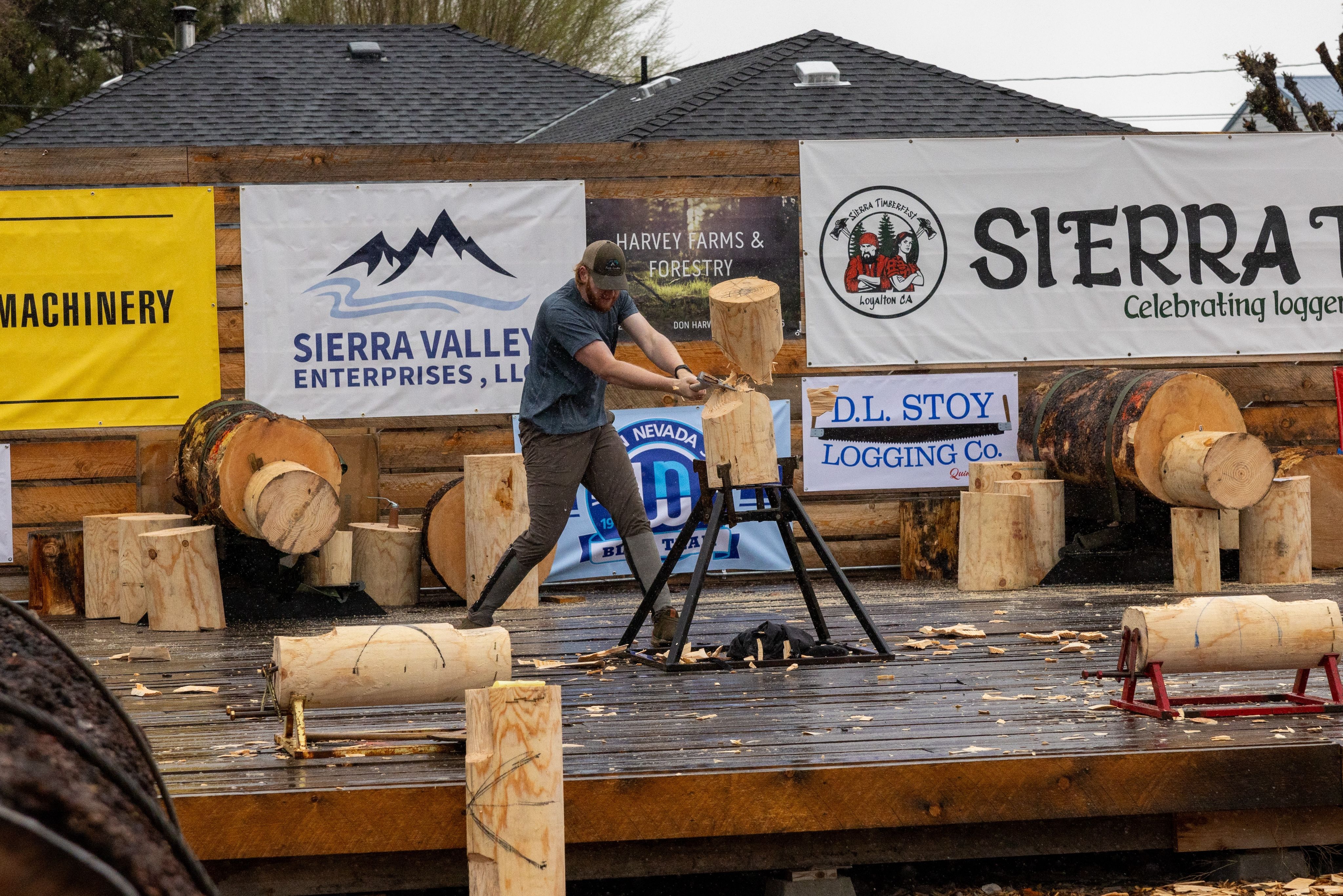 A competitor completes the Men’s Standing Block Chop in the Sierra Timberfest