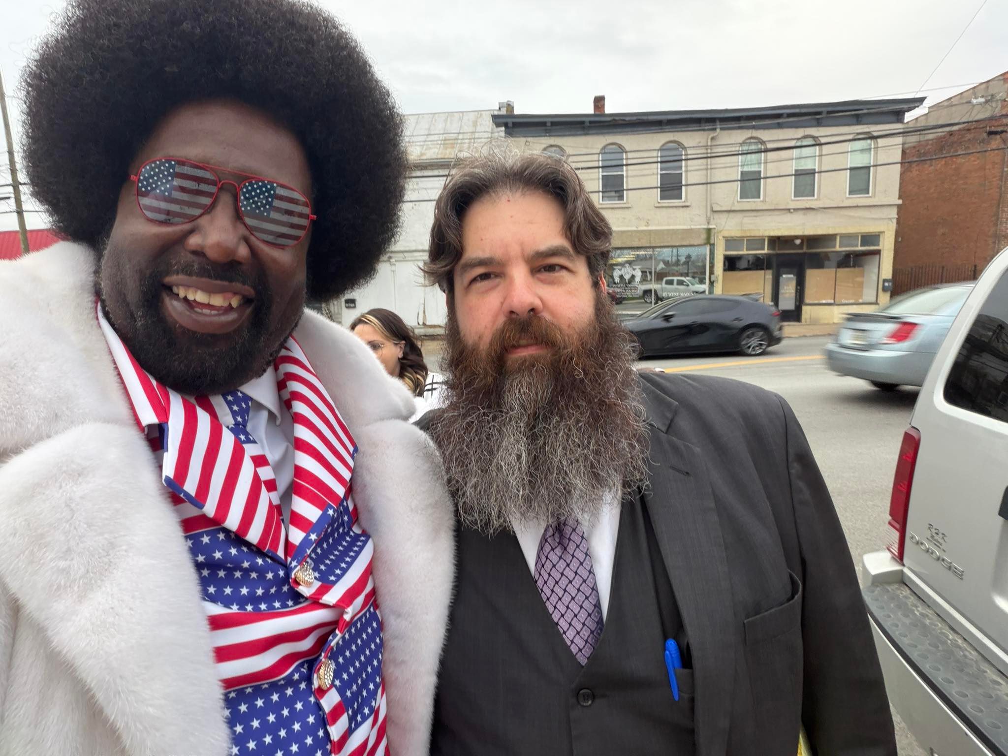 Afroman (left) with his lawyer, David Osborne, after the resolution in his favor of a defamation lawsuit brought against him by Adams County Deputies. Credit: ogafroman, Instagram.