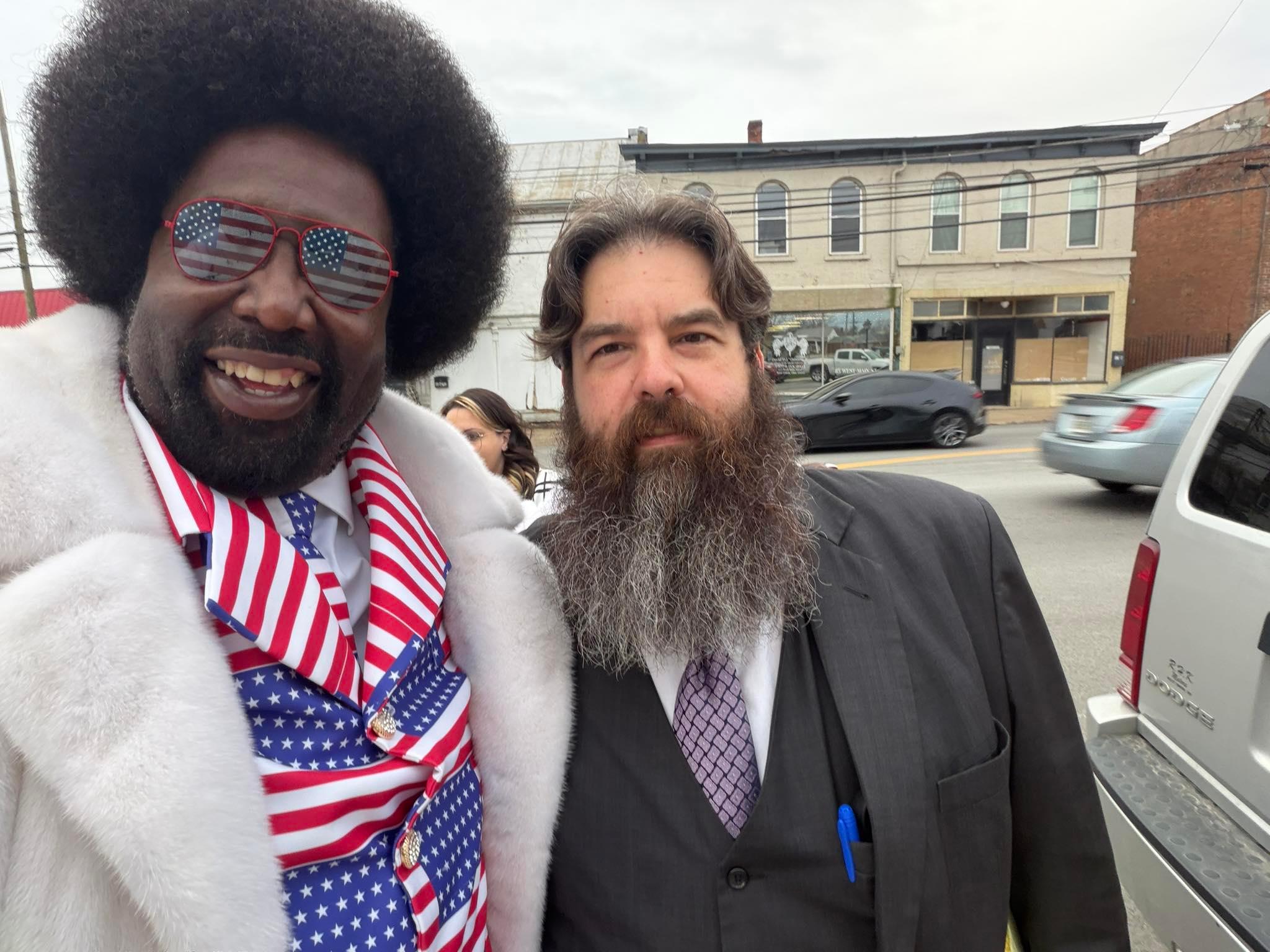 Afroman (left) with his lawyer, David Osborne, after the resolution in his favor of a defamation lawsuit brought against him by Adams County Deputies. Credit: ogafroman, Instagram.