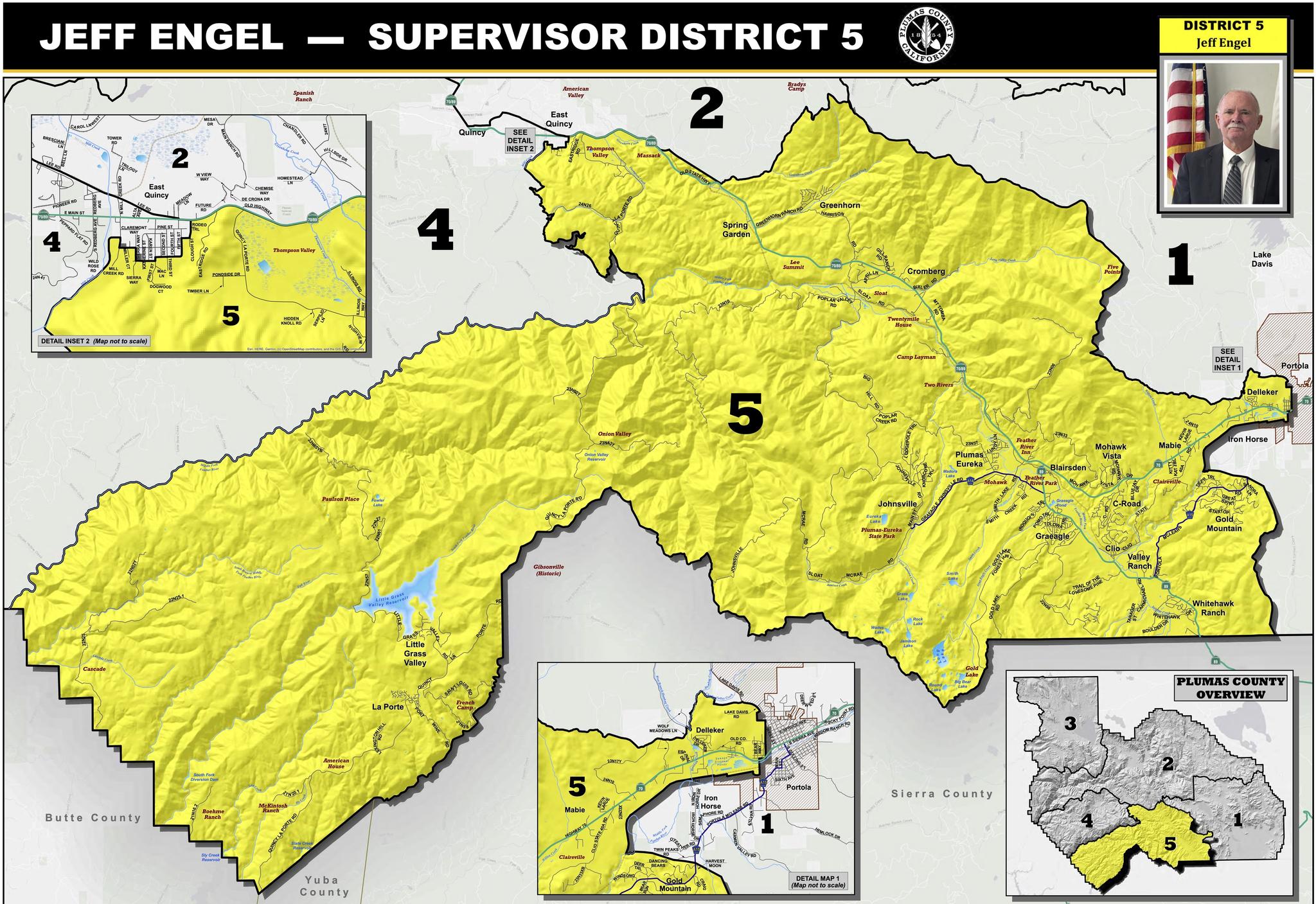 Plumas County’s 5th Supervisorial District, currently represented by Jeff Engel. Credit: Plumas County.