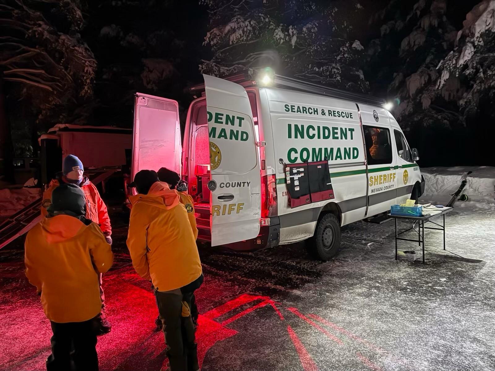 Nevada County Search and Rescue Incident Command directs efforts to search the avalanche area for victims. Photo by the Nevada County Sheriff’s Office.