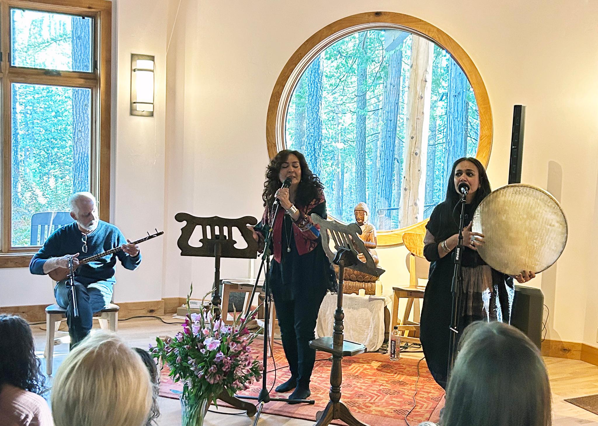 Left to right: Atabak Elyasi, Masha Vahdat, and Marjan Vahdat perform at Big Springs Resort.
