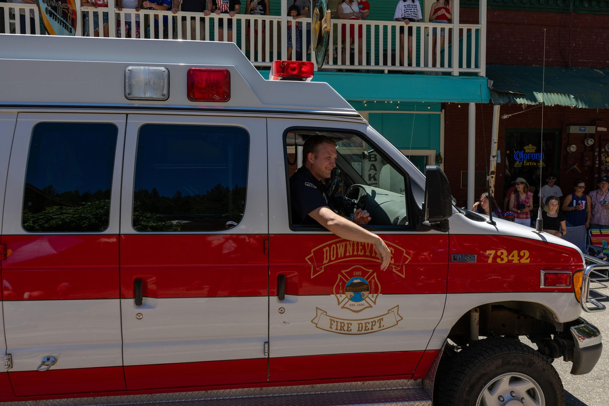 The Downieville ambulance and a former paramedic participate in the town’s 2024 Fourth of July parade.