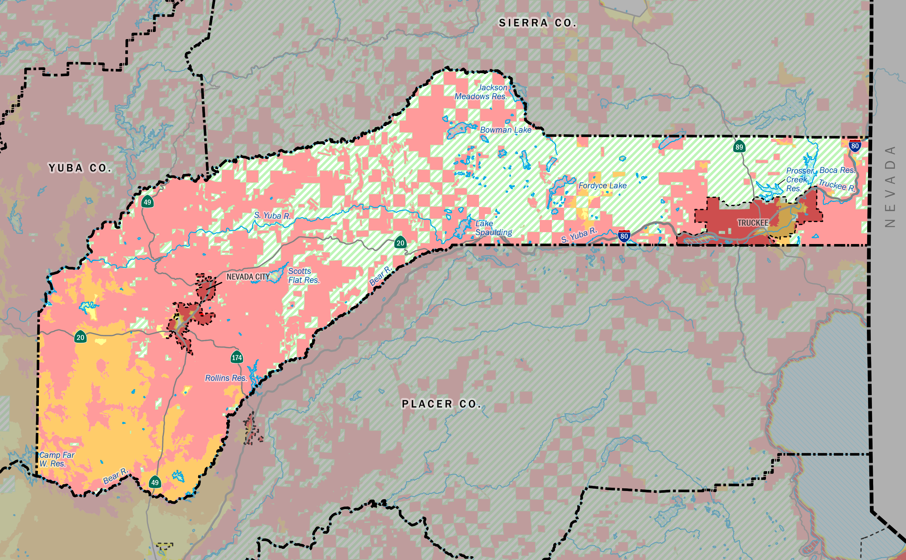 Cal Fire classifies the majority of Nevada County as “high” (orange) or “very high” (red) fire risk. Darker areas mark changes in Local Responsibility Areas. Image taken from Cal Fire’s official Fire Hazard Severity Zone map.