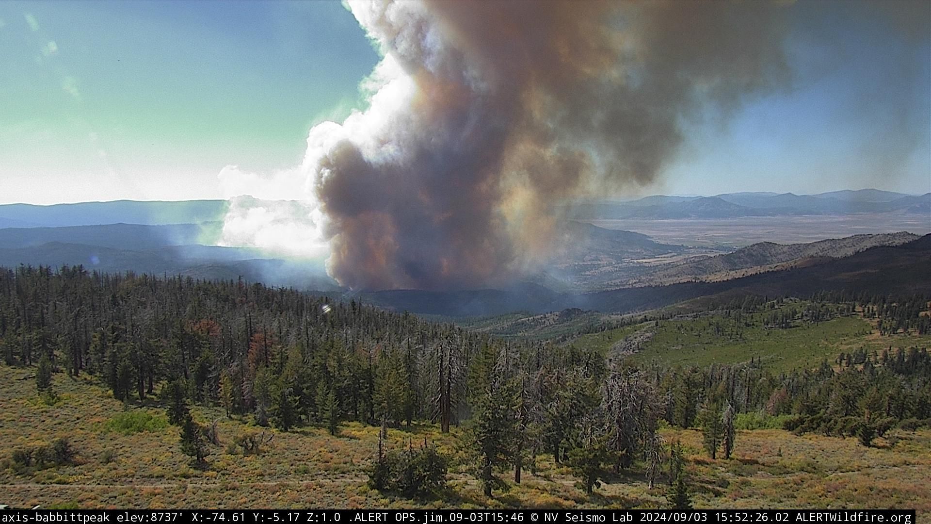View of the Bear Fire from Babbitt Peak at 3:52 PM. Image from ALERTCalifornia.