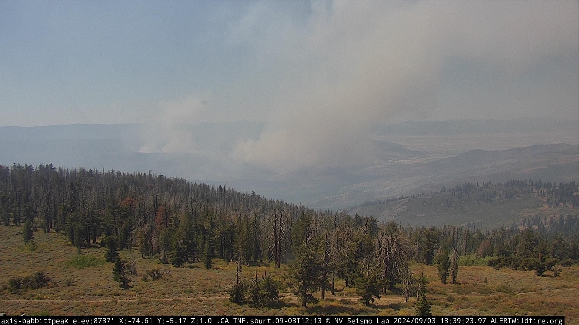 View of the Bear Fire from Babbitt Peak at 1:39 PM. Image from ALERTCalifornia.