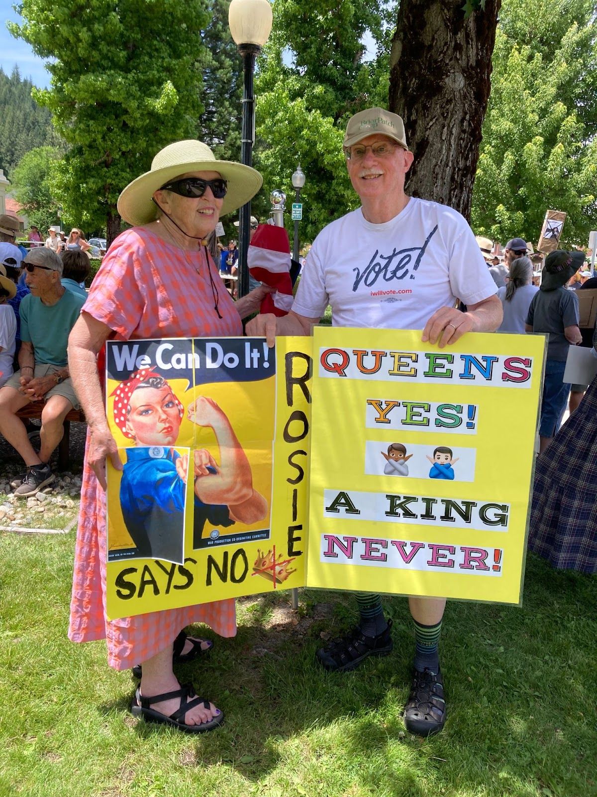 Linda and Paul Guffin, of Downieville, with their protest signs.