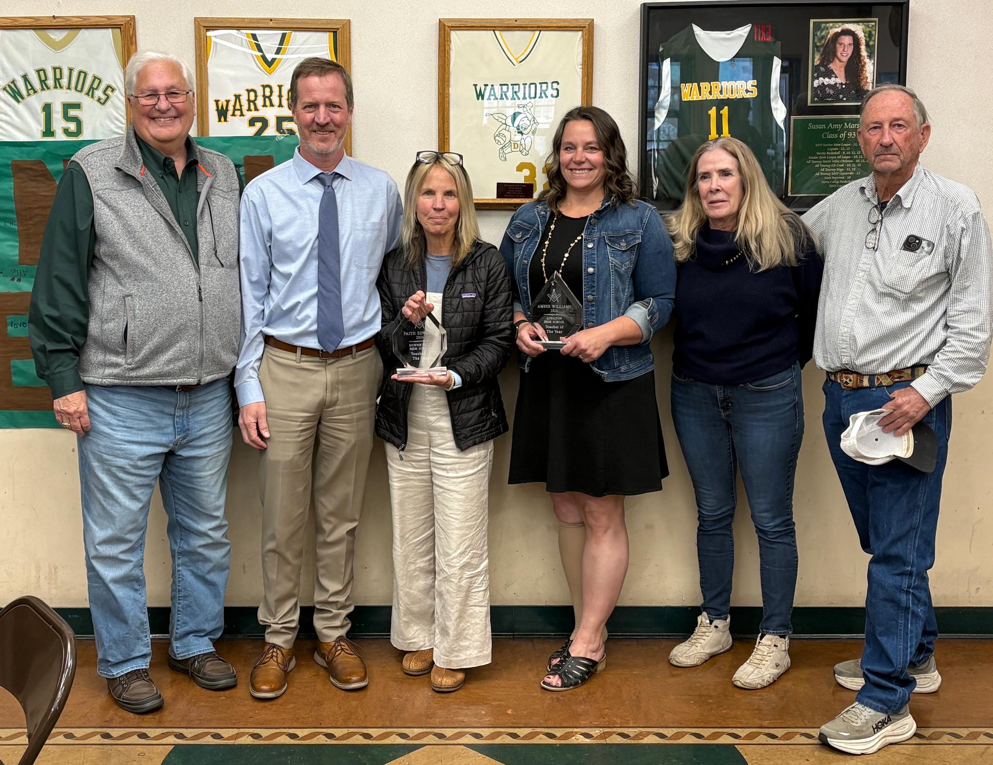 From left to right: Harmony Lodge #164 member Bill Miklos, District School Superintendent Sean Snider, 2026 Teachers of the Year Faith Edwards and Amber Williams, Sierra-Plumas District Board member Patty Hall representing Downieville, and Board President, Rhynie Hollitz.