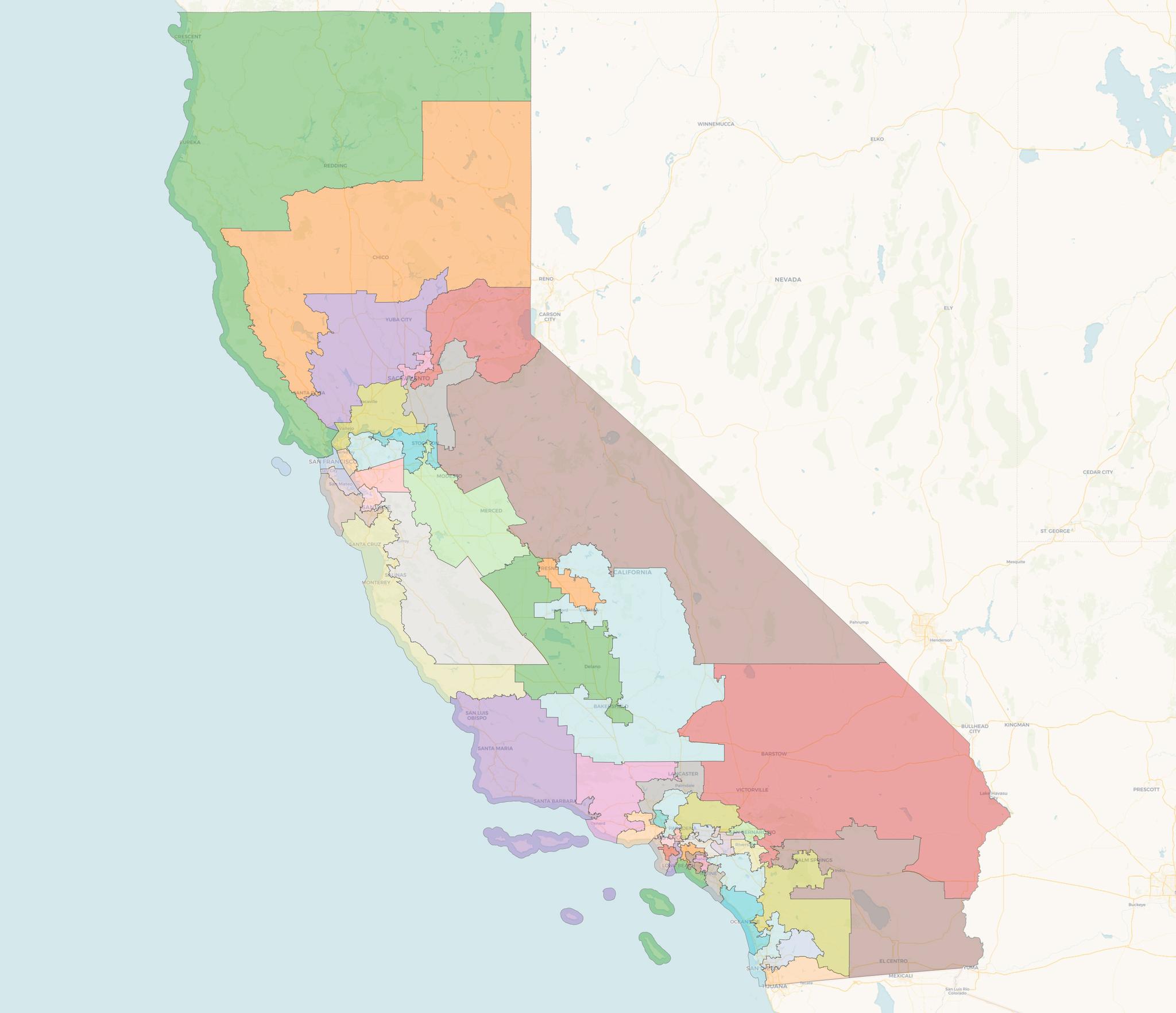 California’s proposed congressional district map hopes to add several Democrat seats. Image from a districts atlas provided by the California Assembly.
