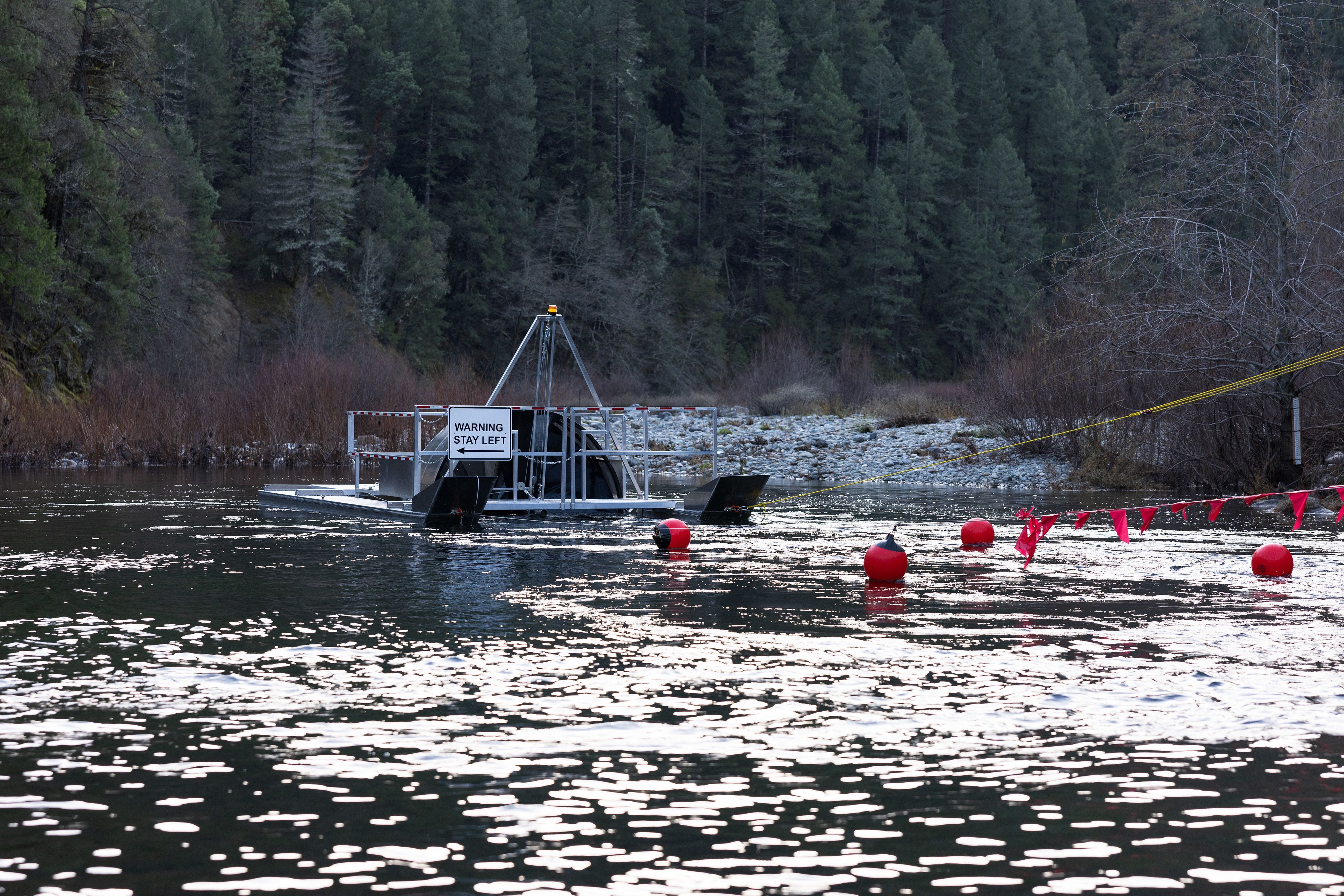 The installed rotary screw trap actively fishing the North Yuba River for spring-run Chinook salmon