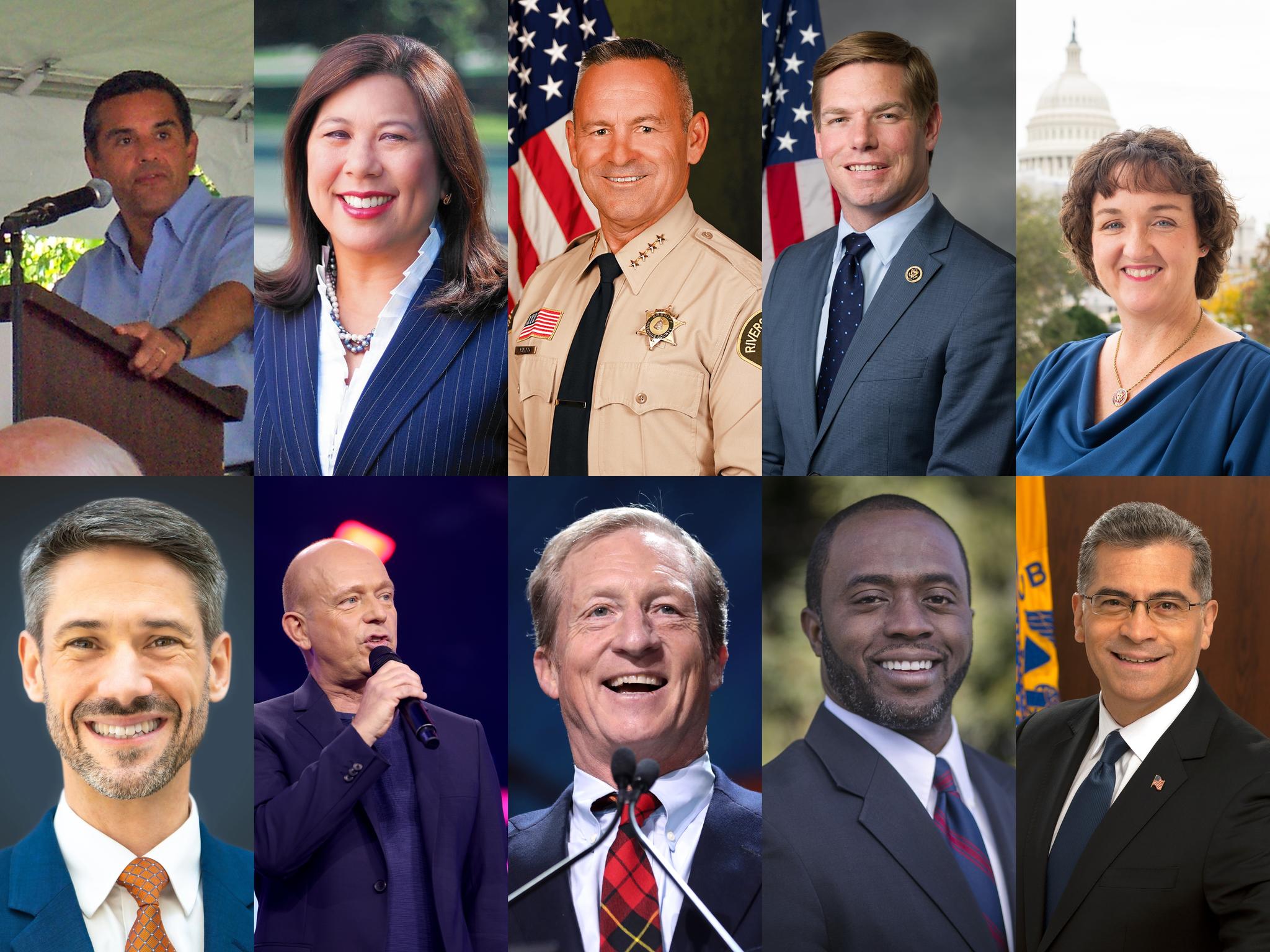 Candidates running for California Governor. Left to right, top row: Antonio Villaraigosa, Betty Yee, Chad Bianco, Eric Swalwell. Bottom row: Katie Porter, Matt Mahan, Steve Hilton (photo by Gage Skidmore), Tom Steyer (photo by Gage Skidmore), Xavier Becerra.