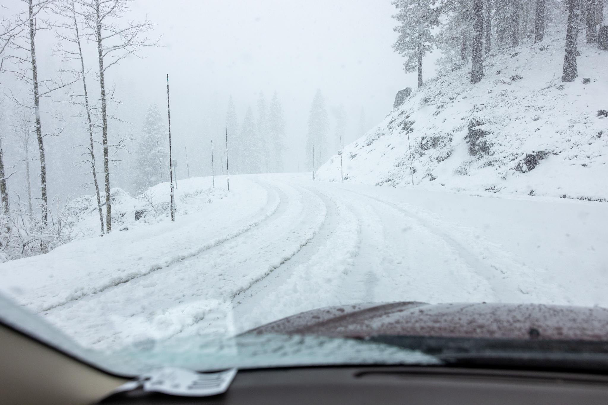 Multiple inches of yet-to-be-plowed snow near Yuba Pass