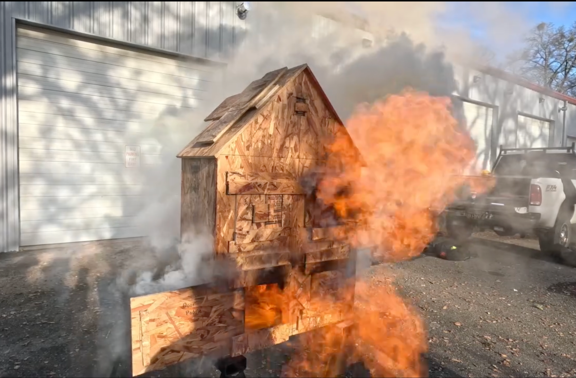 Backdraft is exemplified after openings in the scale house are uncovered. Image courtesy of Dobbins-Oregon House Fire Department.