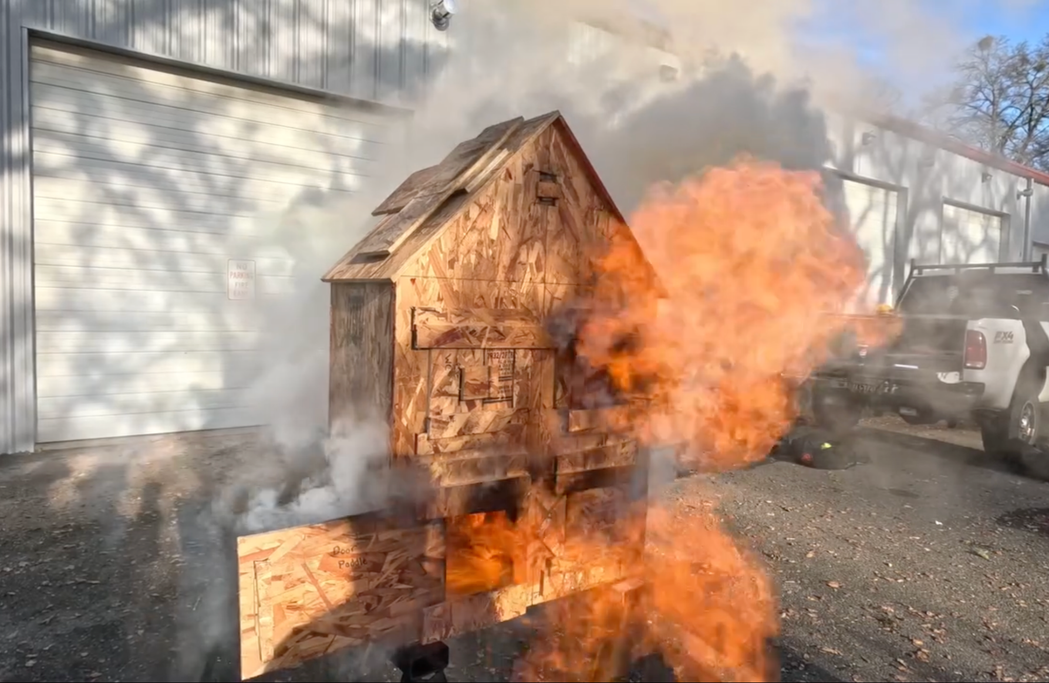 Backdraft is exemplified after openings in the scale house are uncovered. Image courtesy of Dobbins-Oregon House Fire Department.