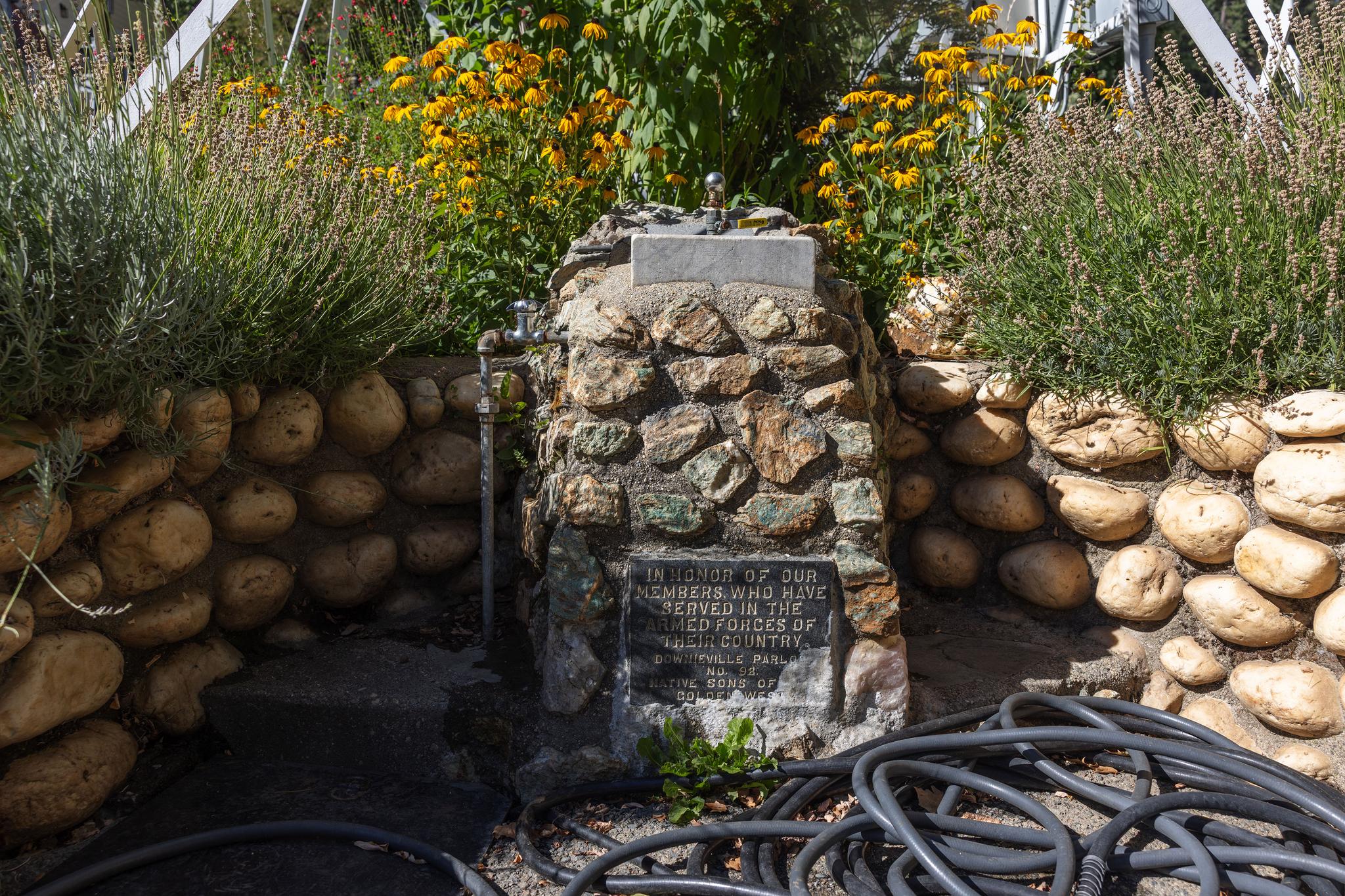 The water fountain and Native Sons plaque installed at the Downieville bell tower.