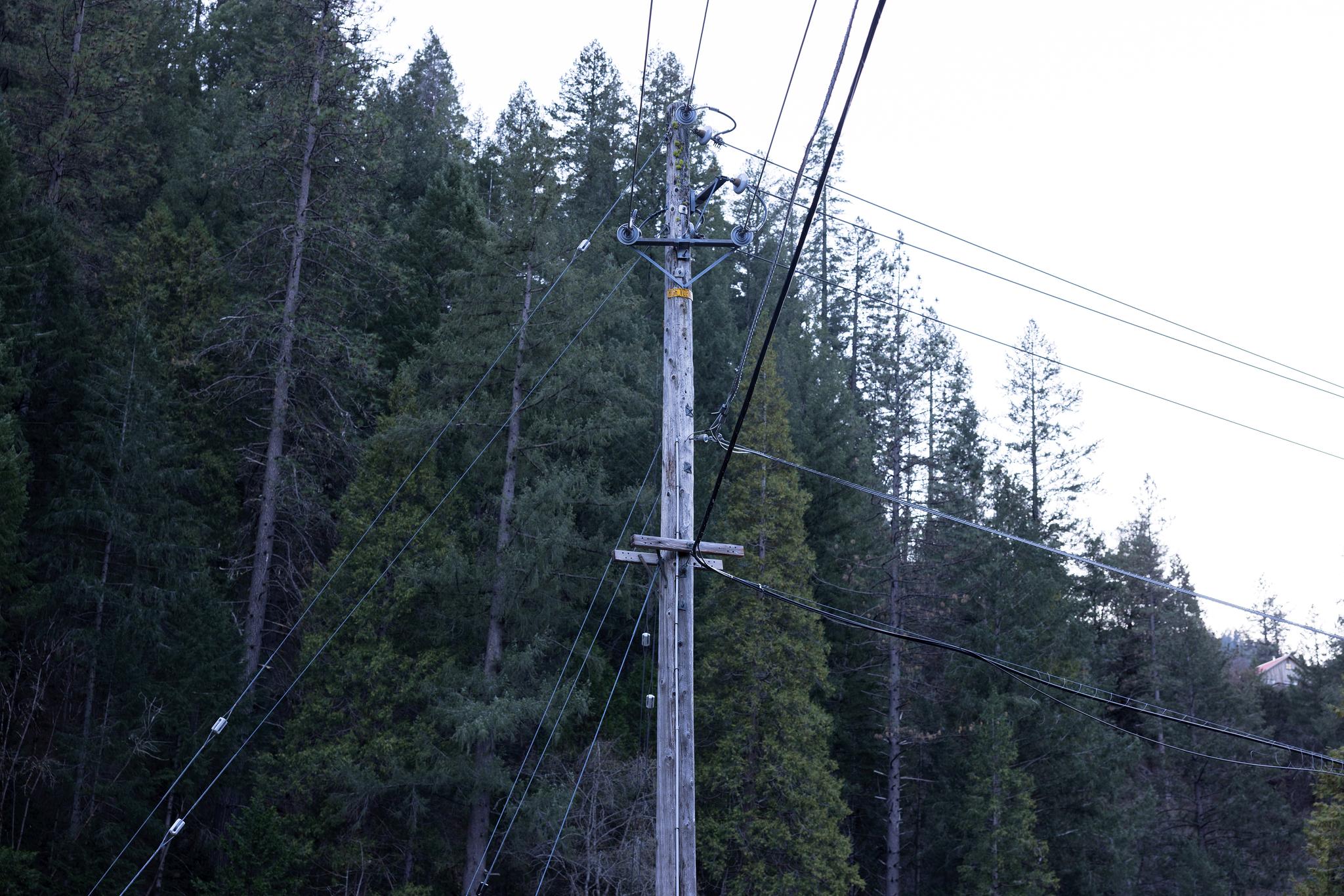A utility pole carrying AT&T transmission lines in Downieville.