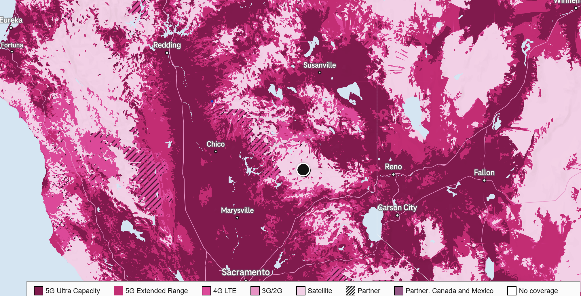 T-Mobile provided this coverage map showing the Downieville area (represented by the black dot) no longer receiving traditional cell service.