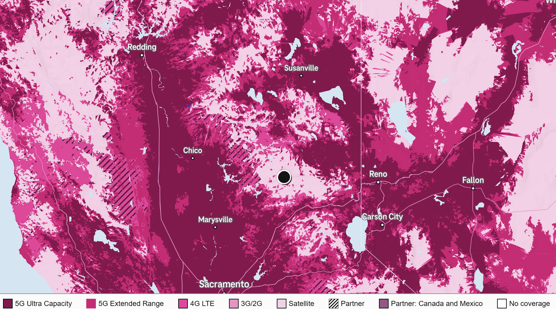 T-Mobile provided this coverage map showing the Downieville area (represented by the black dot) no longer receiving traditional cell service.