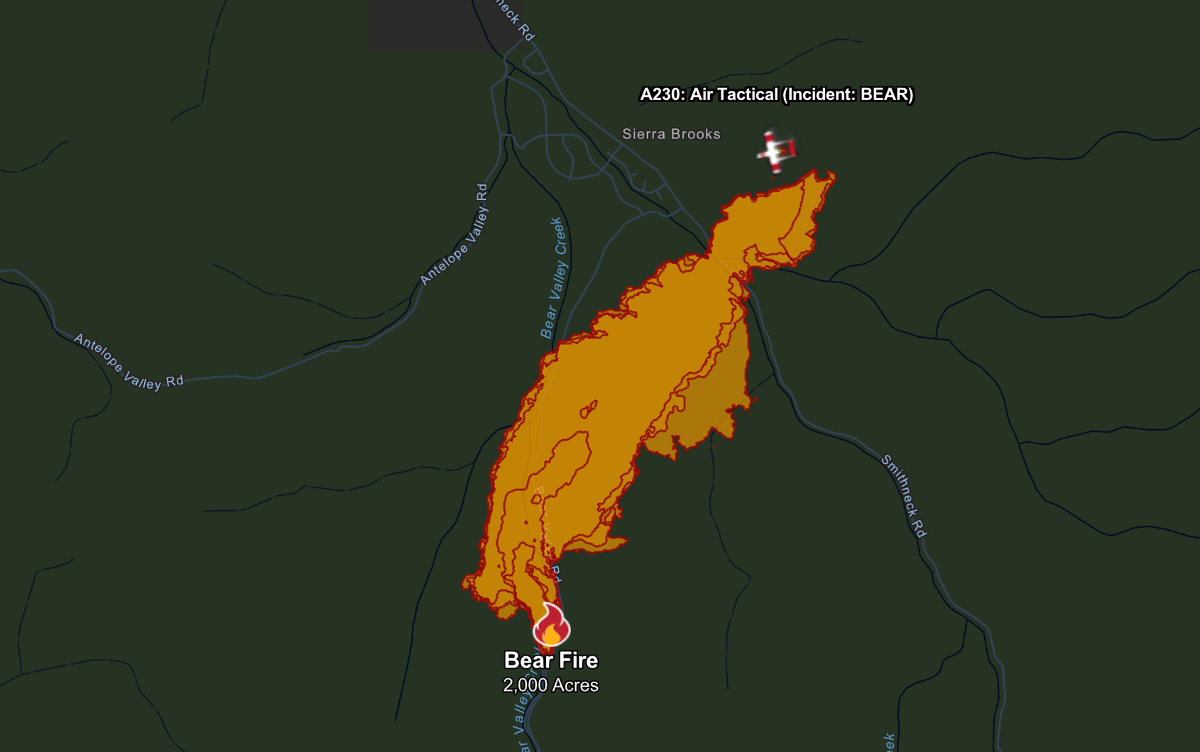 Bear Fire perimeter on Tuesday at 6:53 PM. Map provided by Cal Fire.