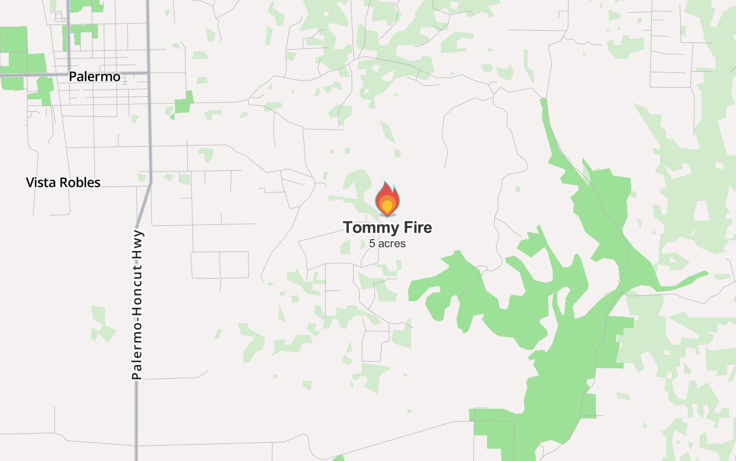 The location of the Tommy Fire, as viewed on Watch Duty’s fire map.