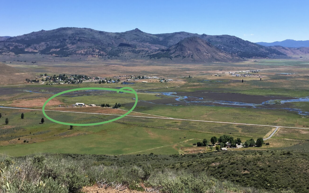 The Sierra Valley Preserve Nature Center facilities, wedged between Plumas County Road A-23 and Beckwourth, are circled, above. Sierra Valley Preserve Aerial © Kristi Jamason, Feather River Land Trust