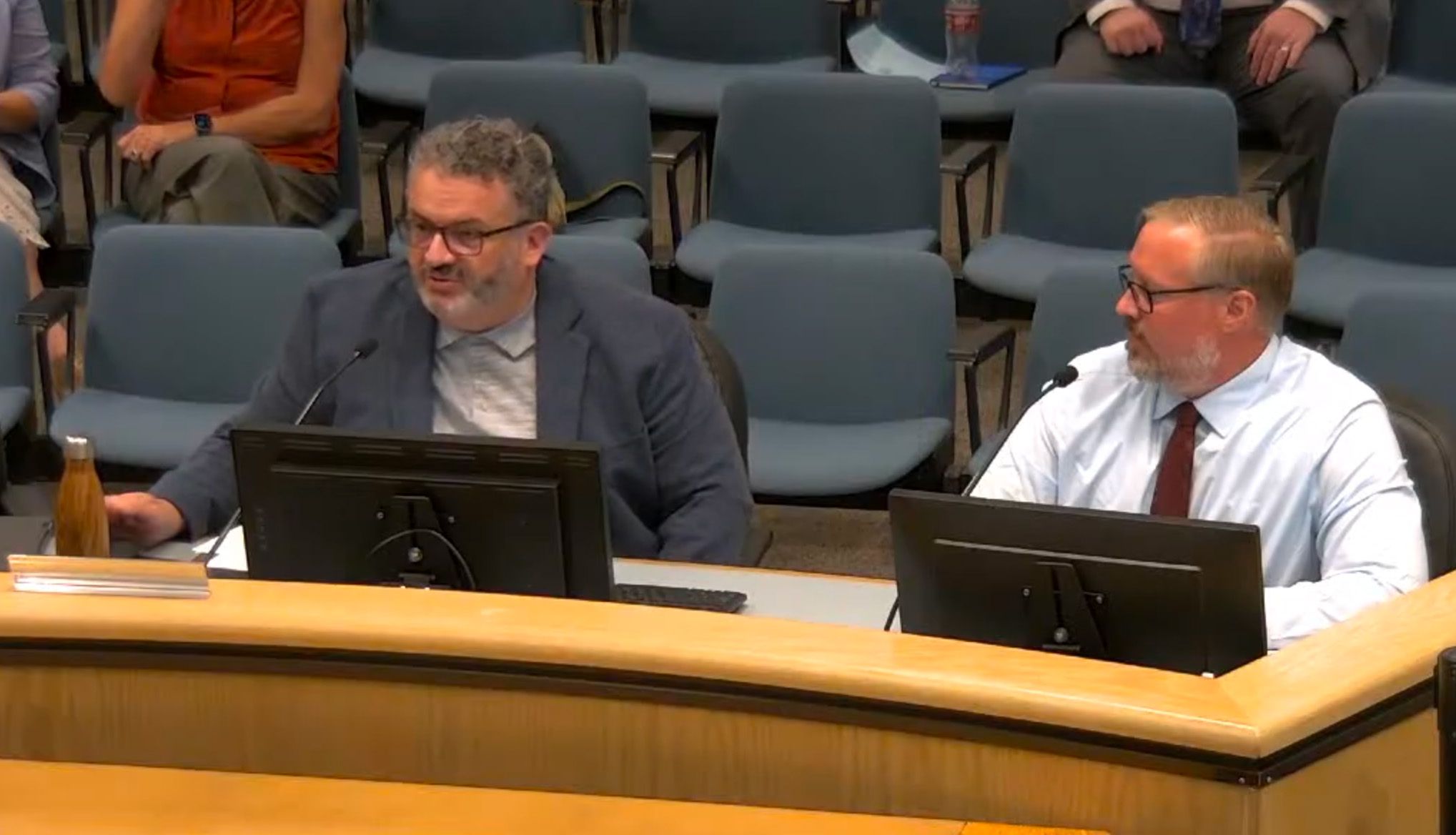 Nevada County Assistant County Executive Officer Patrick Eidman (left) and Health and Human Services Agency Director Ryan Gruver (right) advise the Board on responding to May’s grand jury report.
