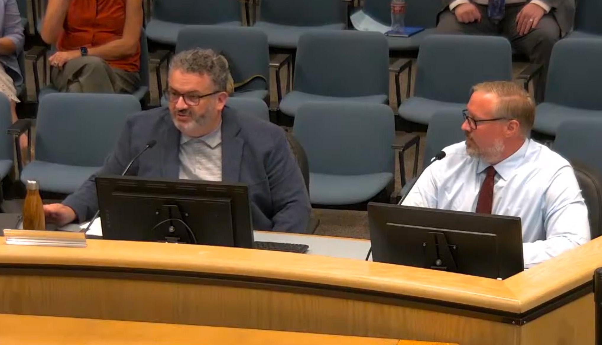 Nevada County Assistant County Executive Officer Patrick Eidman (left) and Health and Human Services Agency Director Ryan Gruver (right) advise the Board on responding to May’s grand jury report.