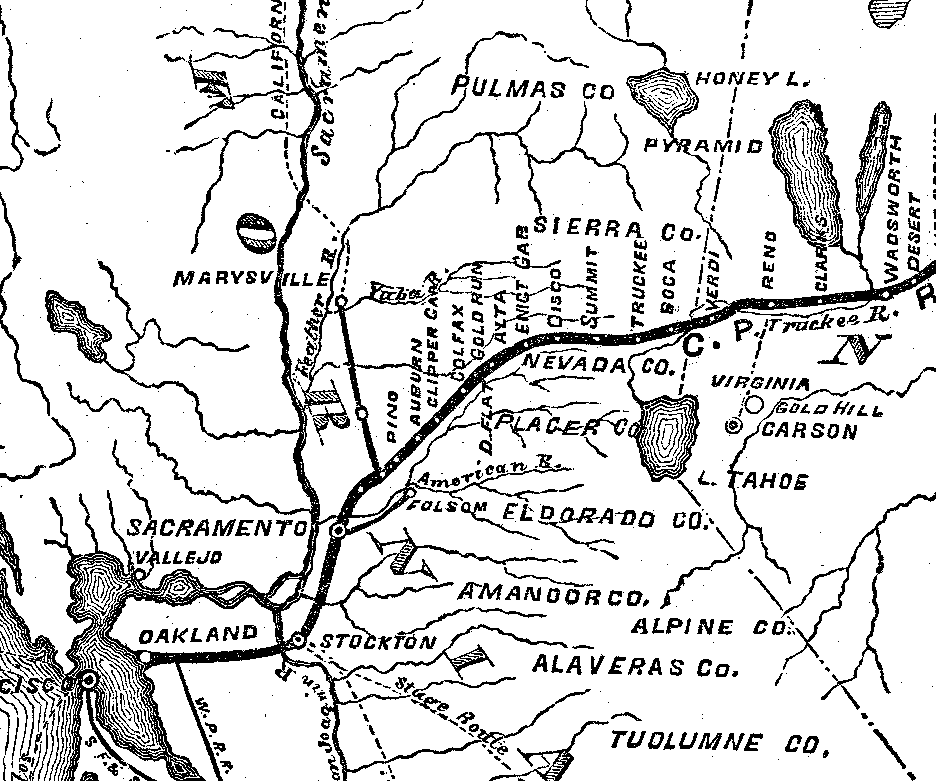 Dark line with white dots is the path of the first transcontinental railroad through Northern California.