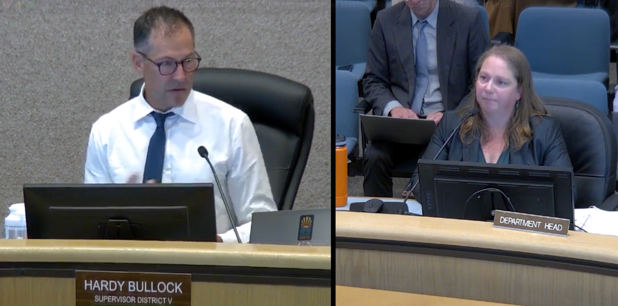 Supervisor Hardy Bullock (left) questions Chief Fiscal Officer Erin Mettler (right) on the proposal.