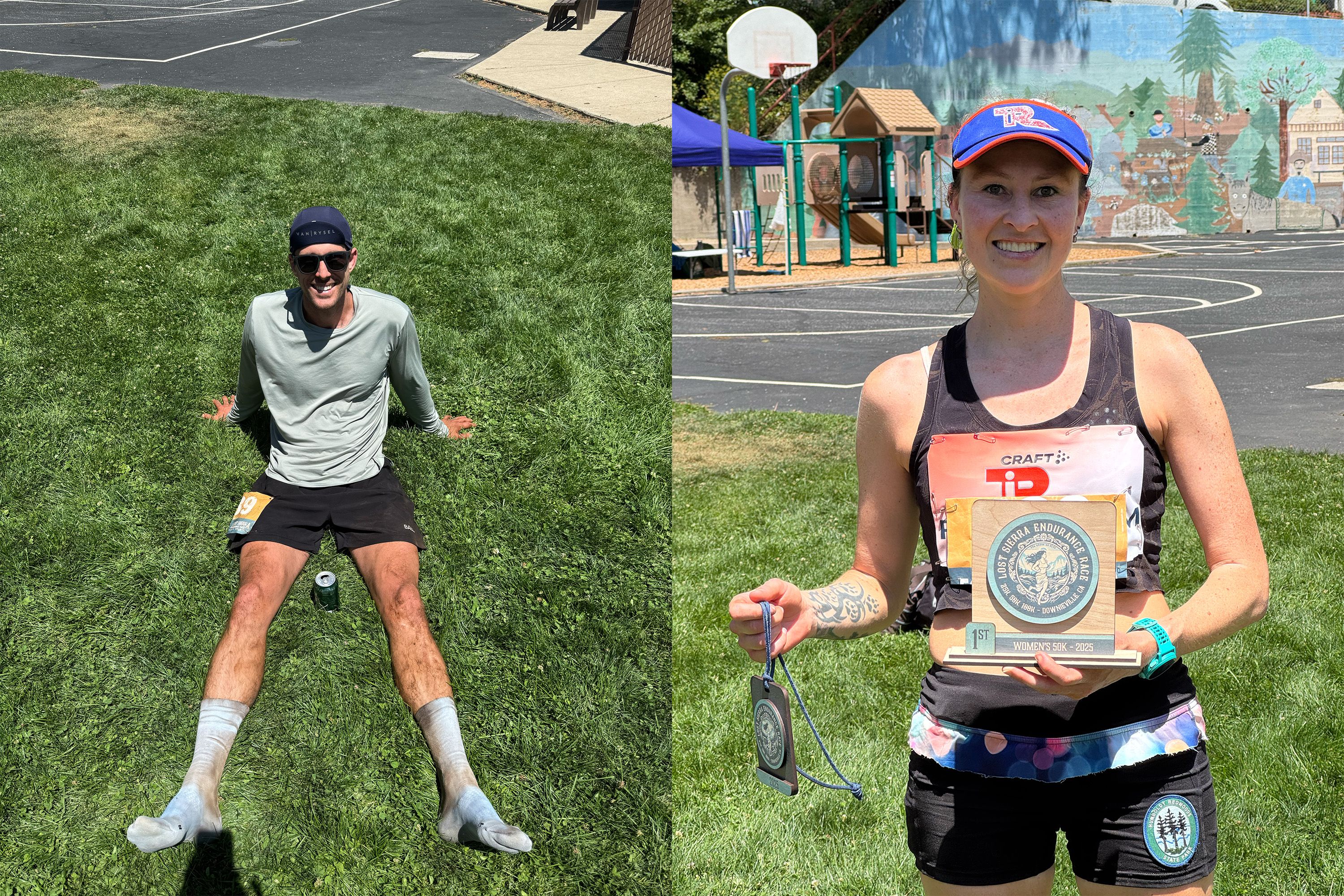 50K Race male winner Dylan Giesler and female winner Kimberly Neely.