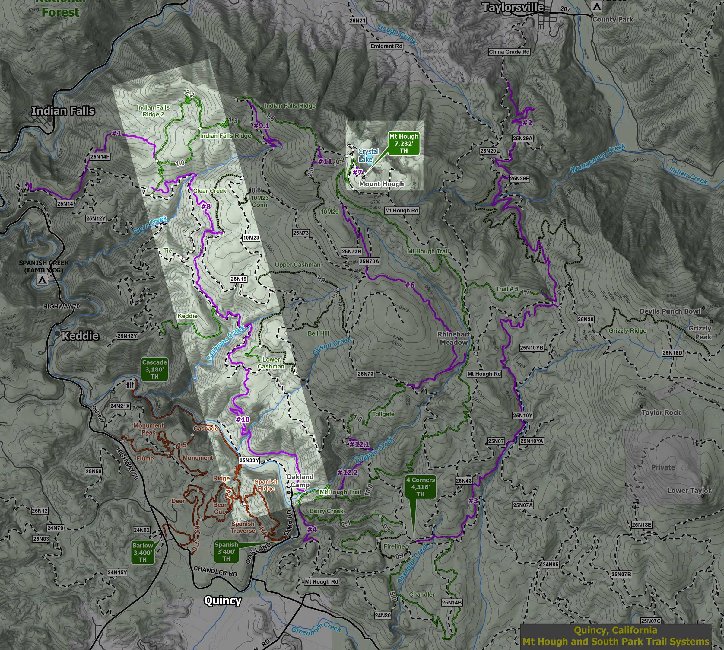 A map of Acorn Grotto trail (marked trail #10) within the larger Mt. Hough system. SBTS is now working to finish trail #8.