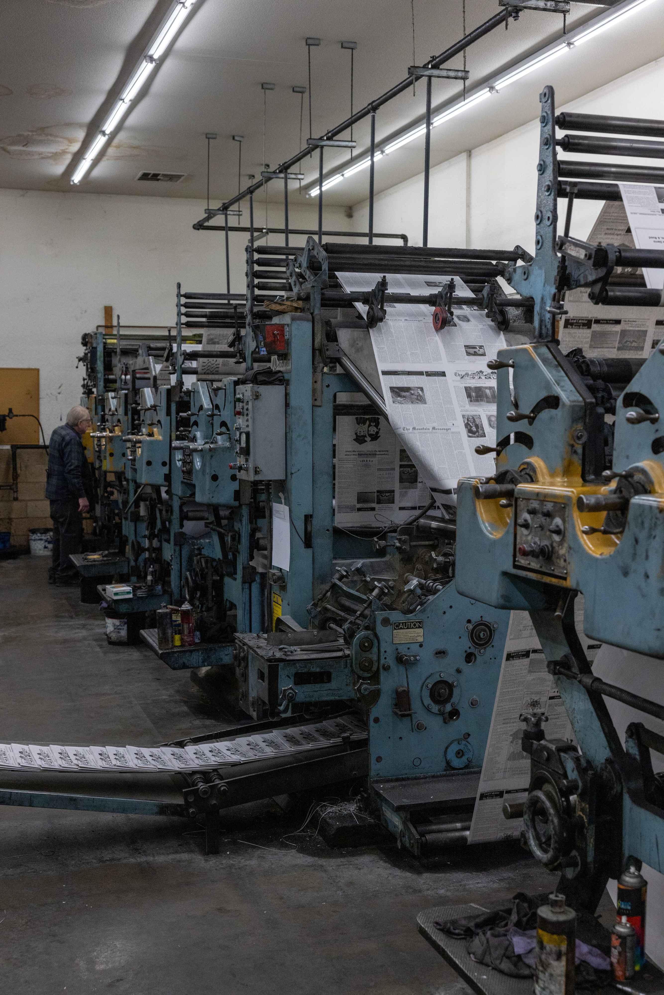 The entirely analog Goss printing press used by Feather Publishing