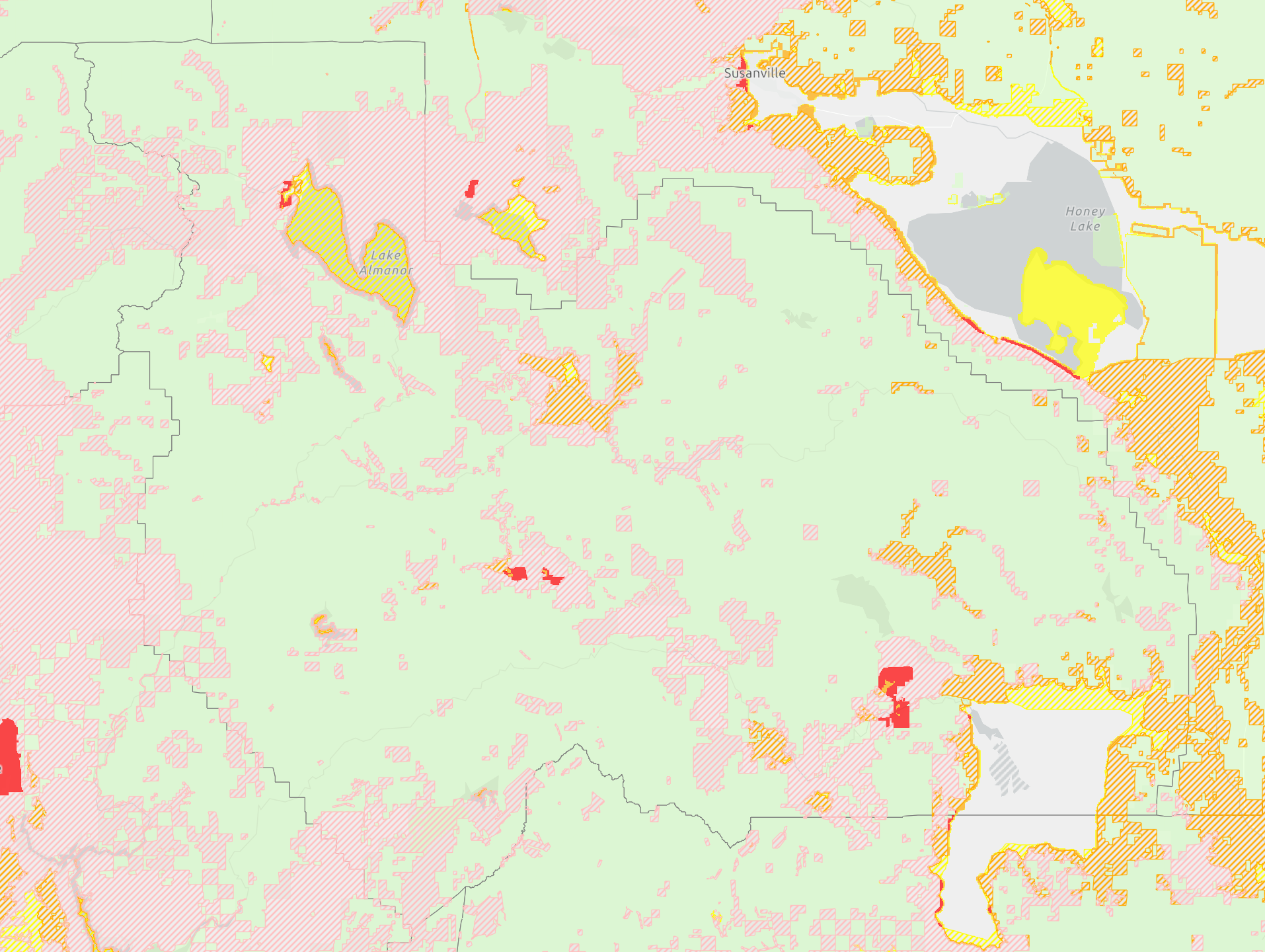 Plumas County fire hazard severity zones outlined on recently released Cal Fire maps. Areas colored dark red signify zones in Local Responsibility Areas which have been reclassified as very high fire risk.