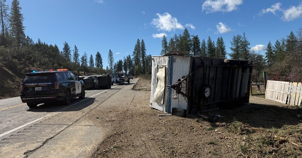 The trailer towed by the vehicle disconnected during the crash. Credit: CHP - Grass Valley.
