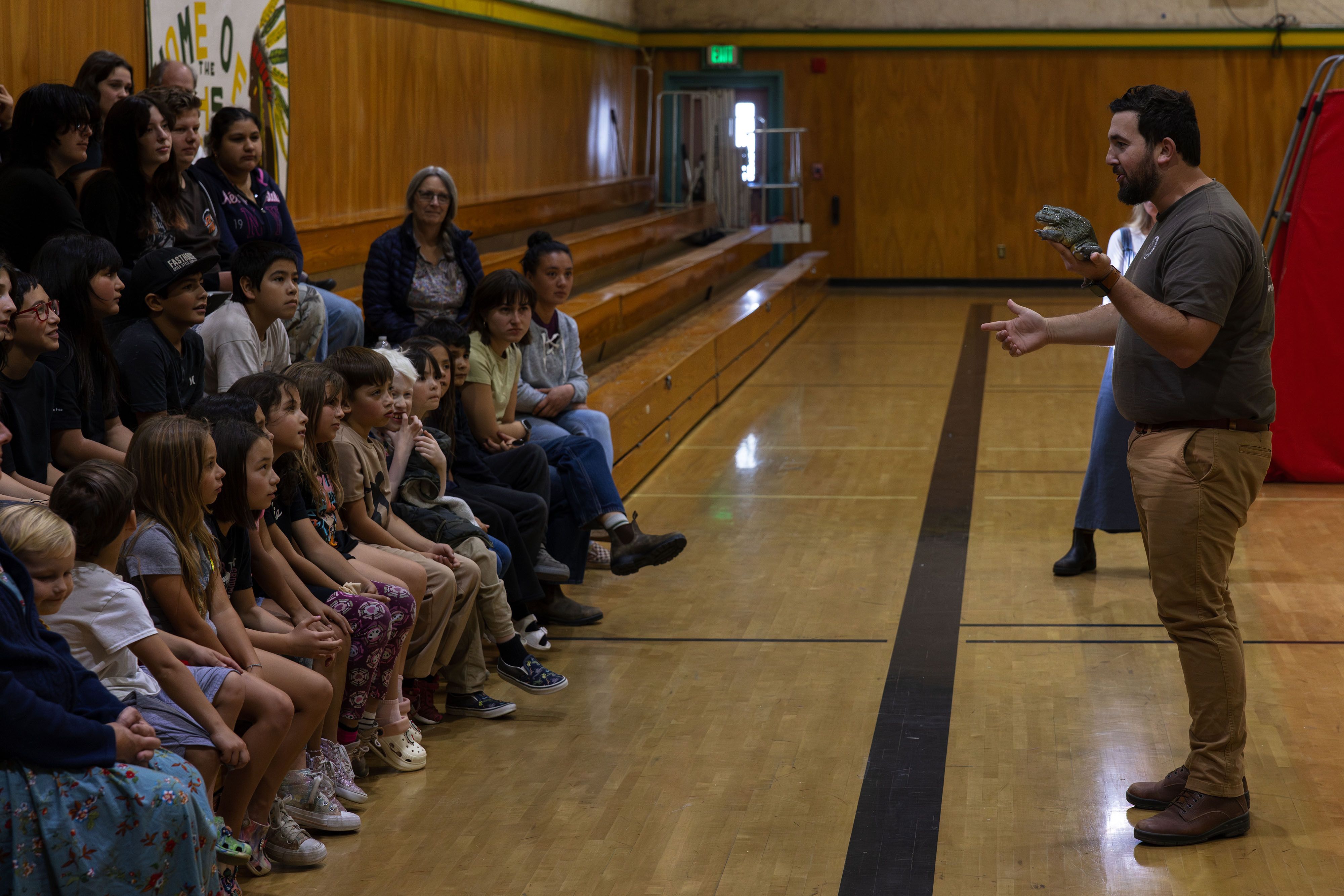 Jojo Kerschner displays an African bullfrog.